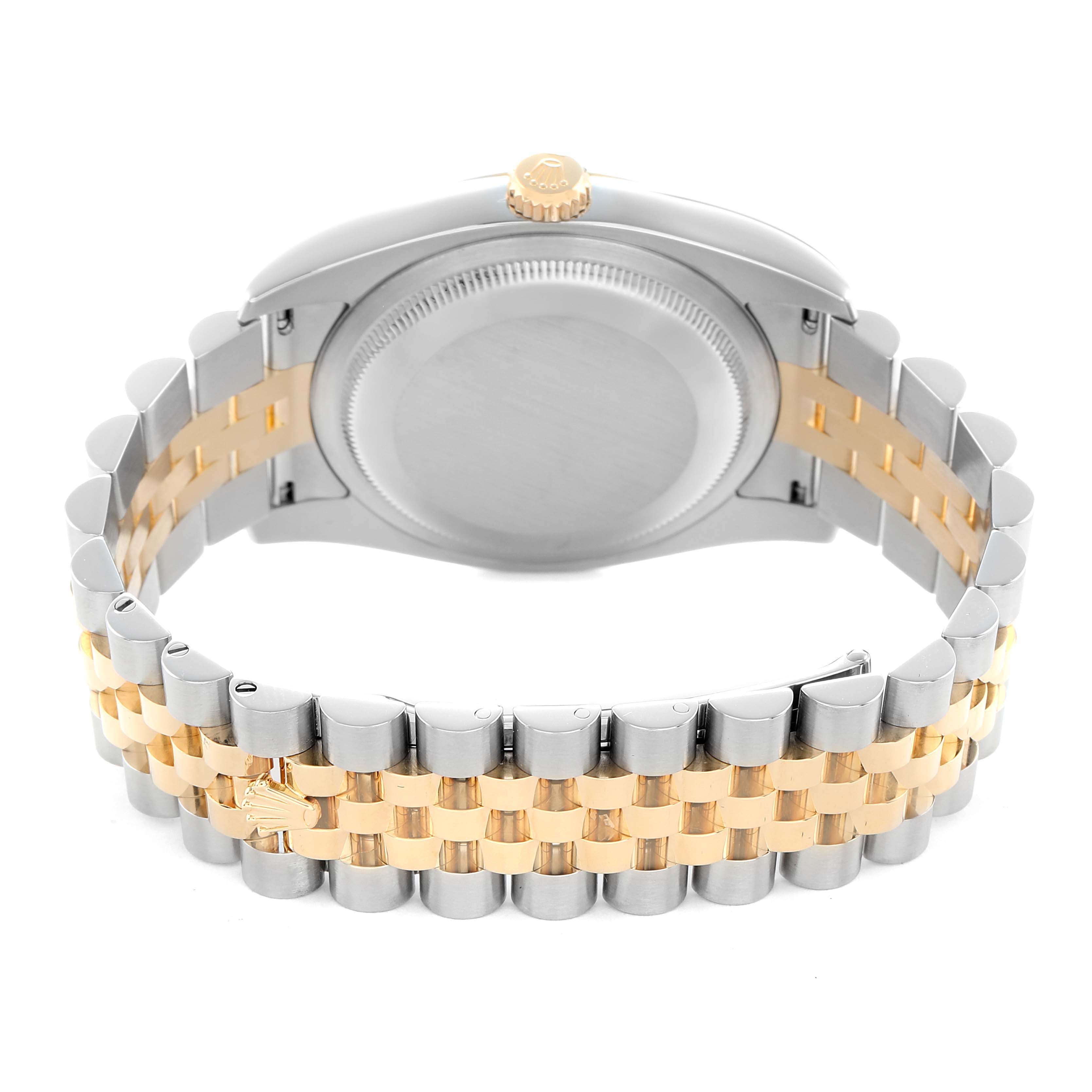 The image shows the back of a Rolex Datejust 116233 Men
s Steel and Gold (two tone) White Dial watch, highlighting the case back and two-tone bracelet.