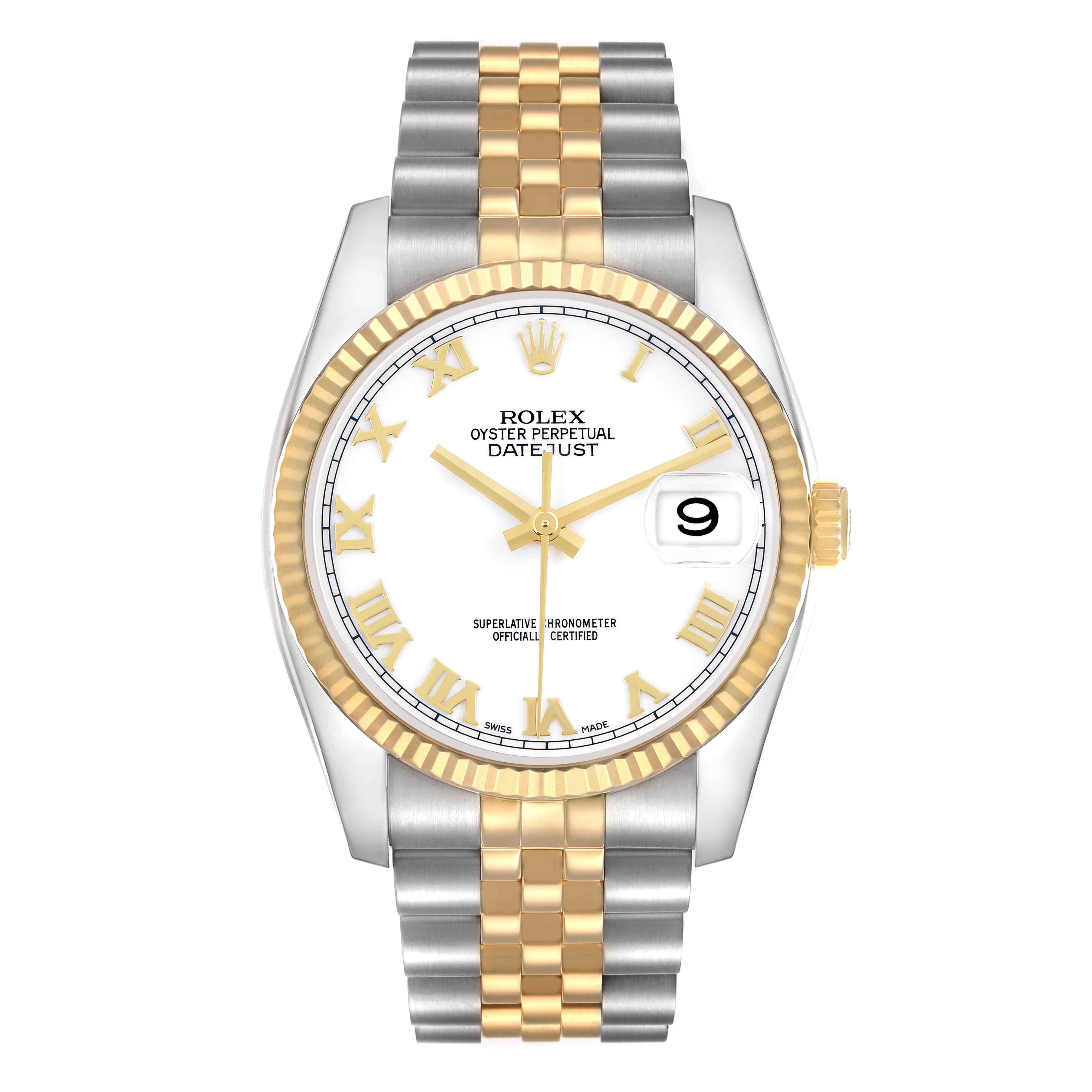 The Rolex Datejust 116233 Men
s Steel and Gold (two tone) White Dial watch is shown from a front angle, displaying the face, bezel, bracelet, and crown.