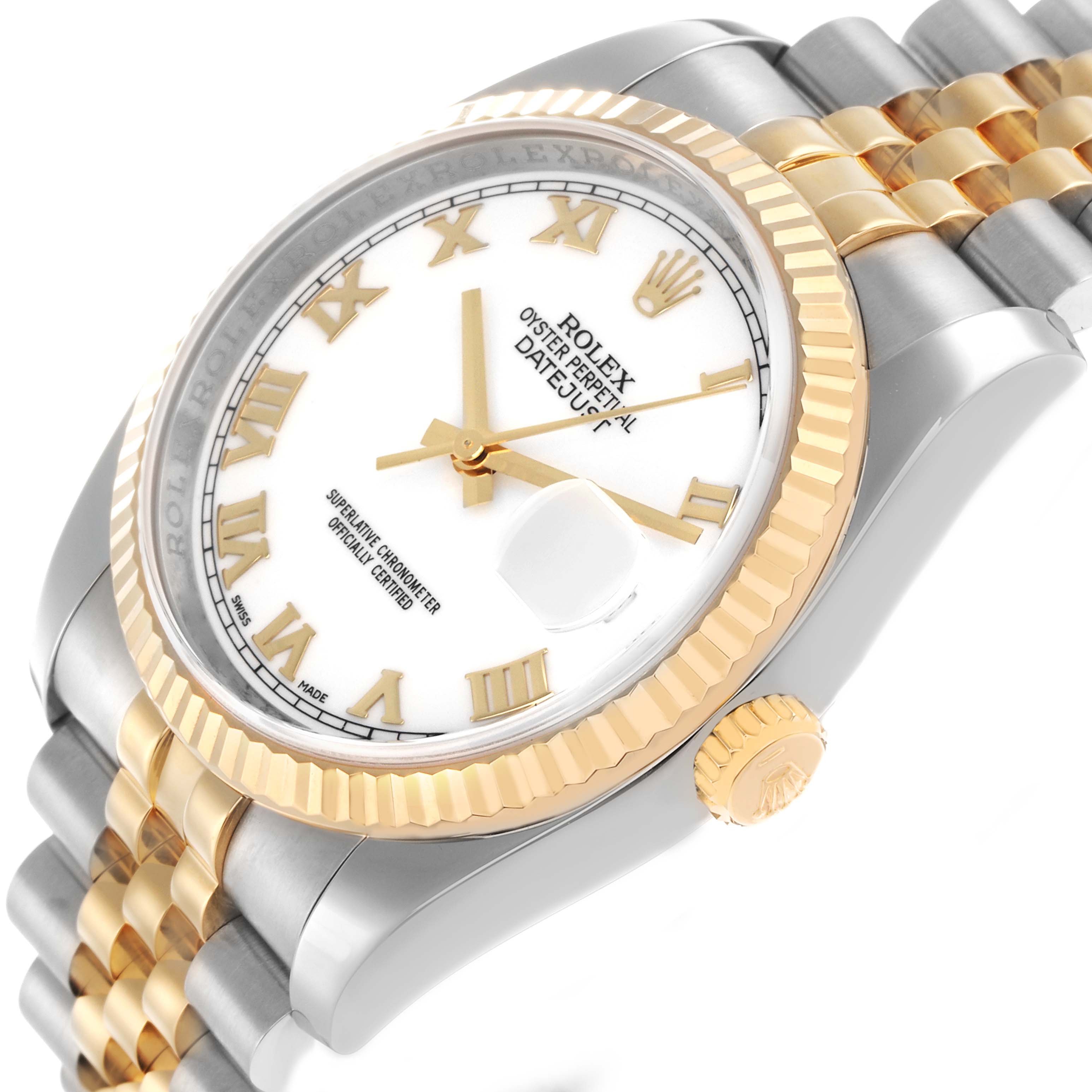 The Rolex Datejust 116233 Men
s Steel and Gold (two tone) White Dial watch is shown at a tilted angle, displaying the dial, fluted bezel, crown, and part of the jubilee bracelet.