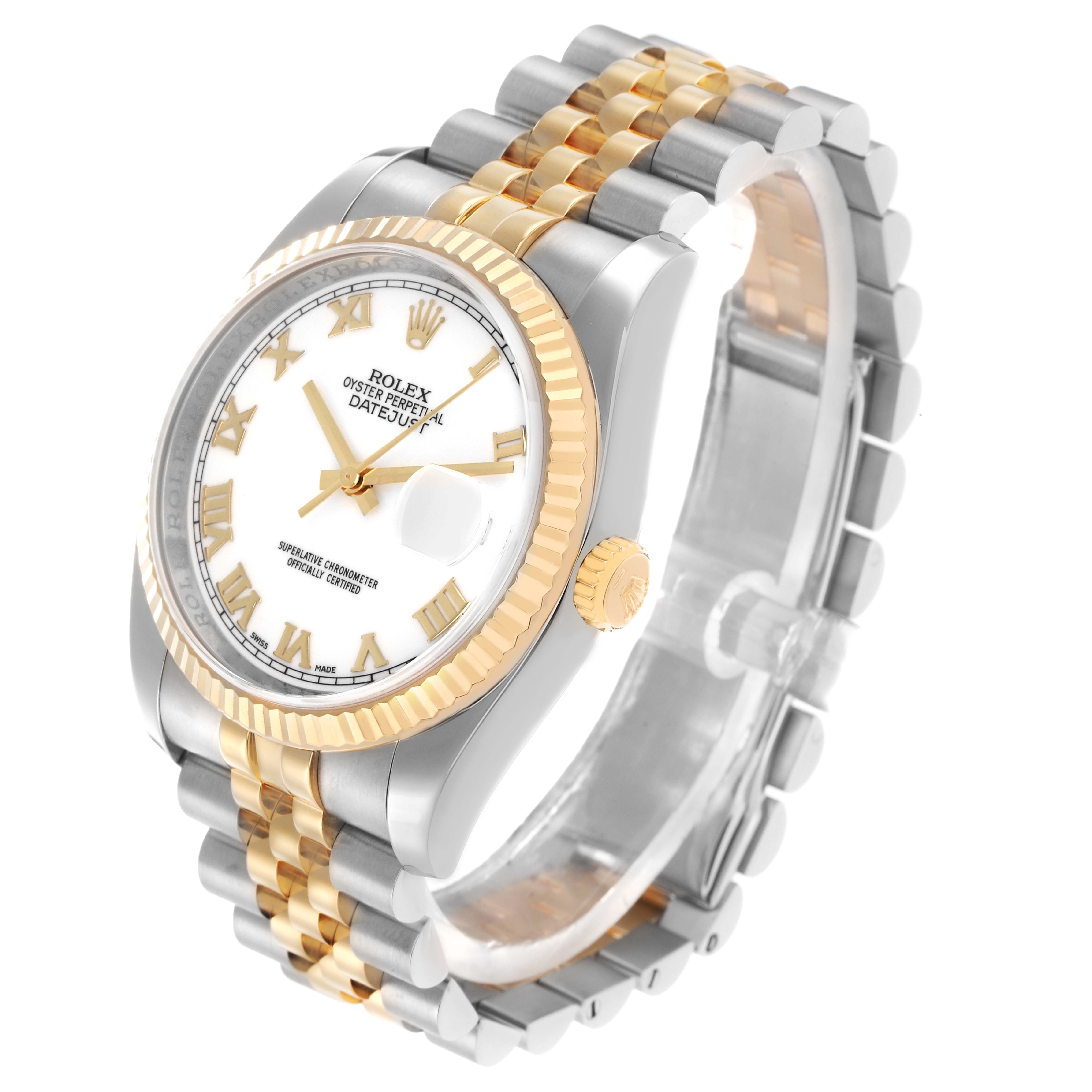 The Rolex Datejust 116233 Men
s Steel and Gold (two tone) White Dial watch is shown at an angled view highlighting the bezel, crown, and two-tone bracelet.