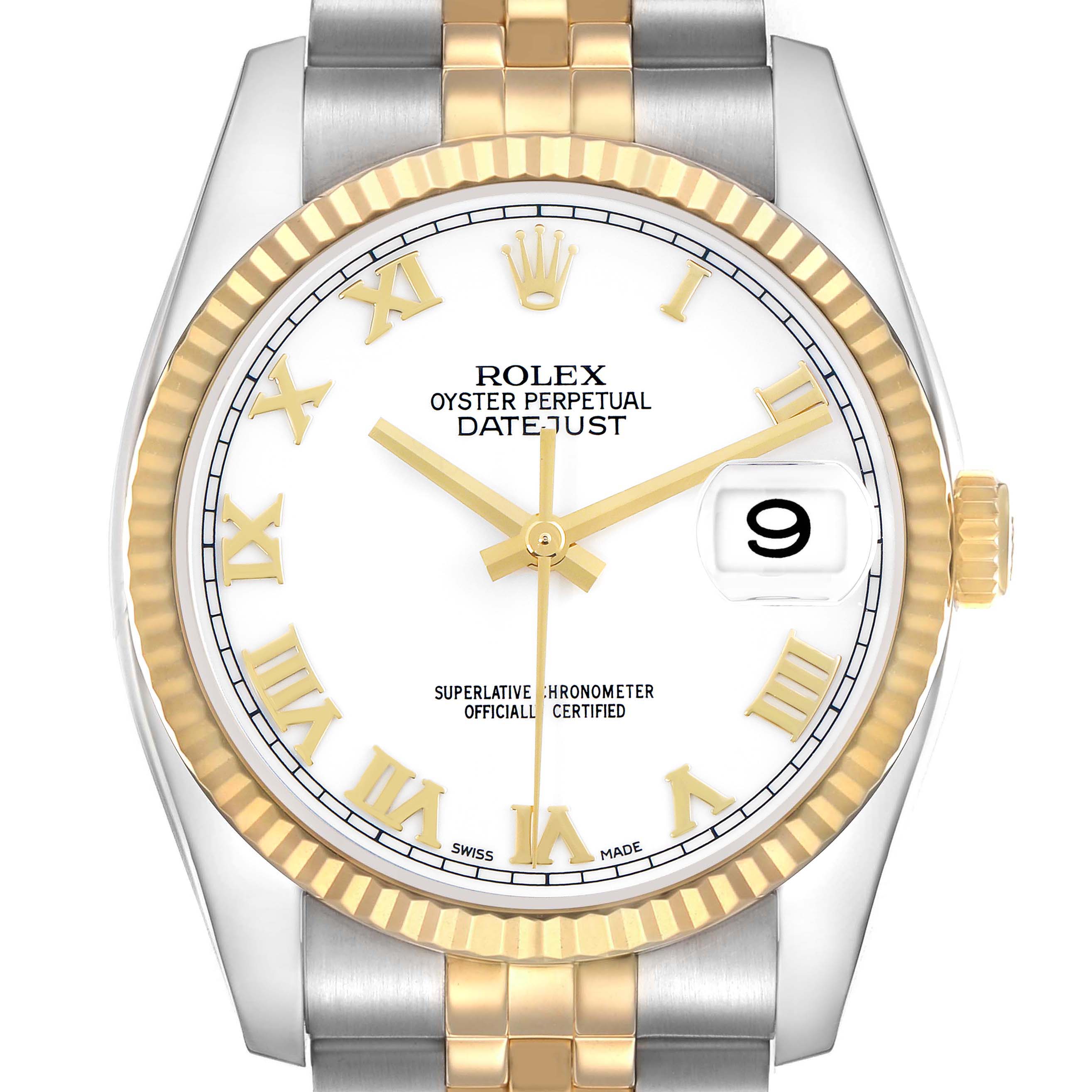 The Rolex Datejust 116233 Men
s Steel and Gold (two tone) White Dial watch is shown from the front, displaying the face, bezel, crown, and part of the bracelet.