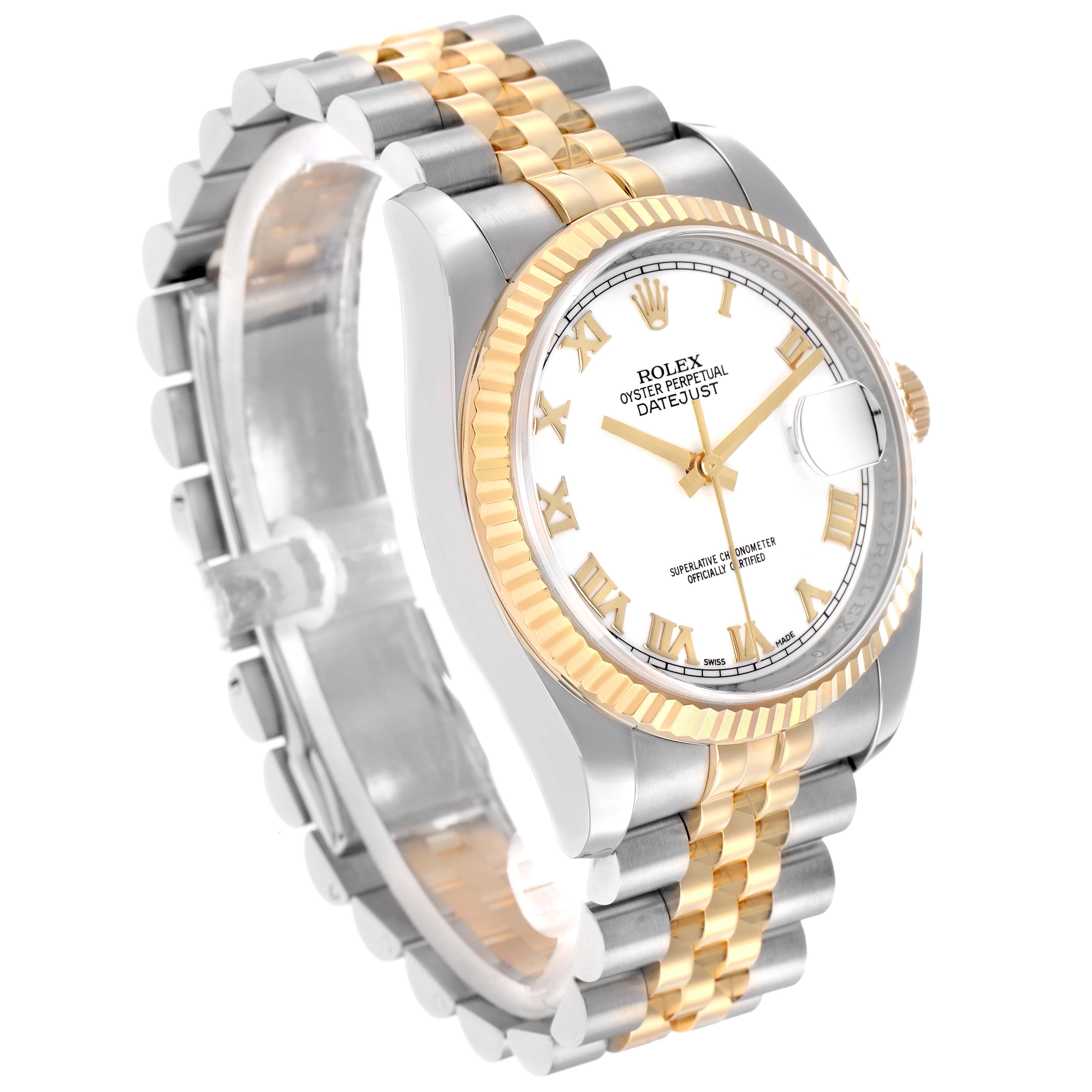 The Rolex Datejust 116233 Men
s Steel and Gold (two tone) White Dial watch is shown at a three-quarter angle, highlighting its dial, fluted bezel, and two-tone Jubilee bracelet.