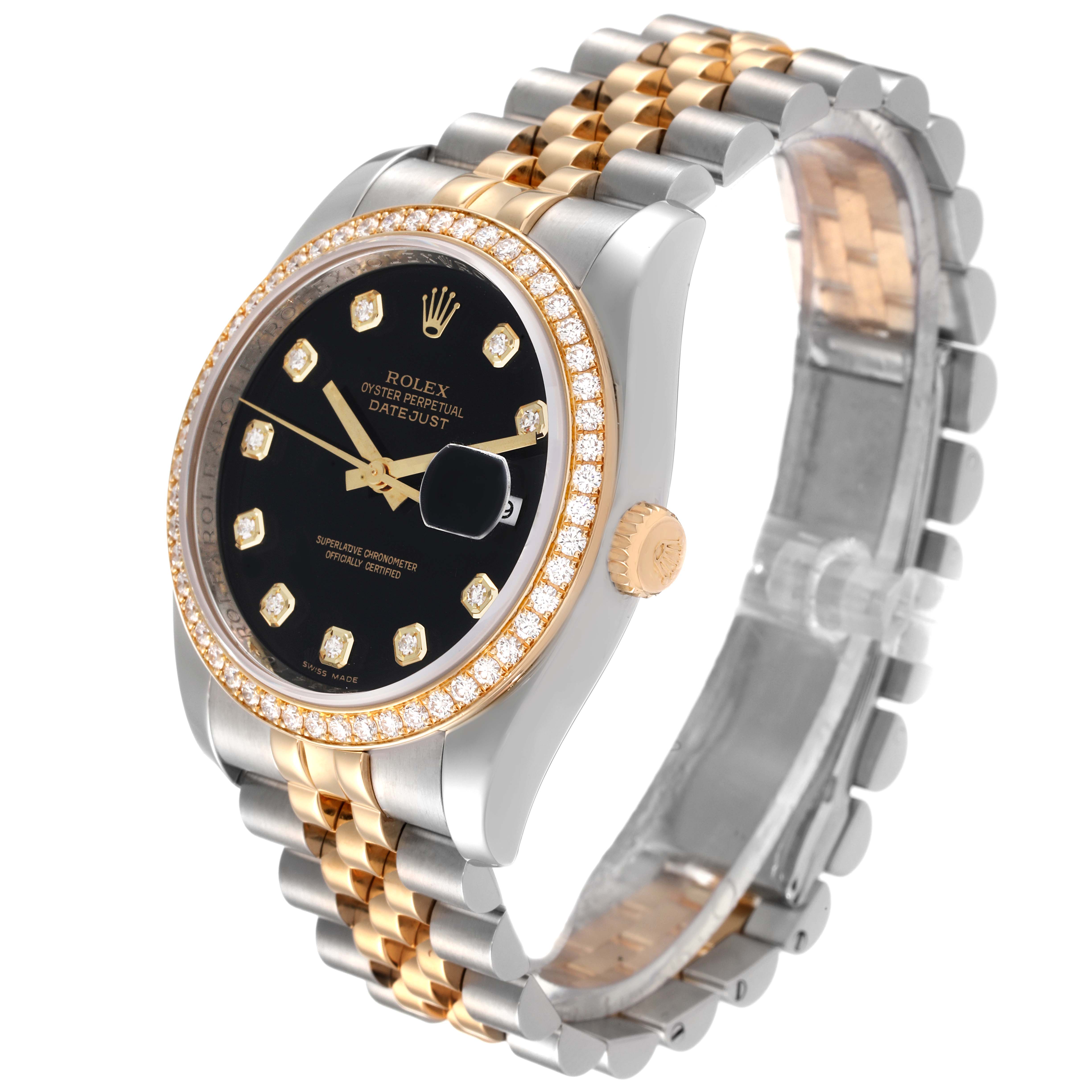 This Rolex Datejust 116243 Men's Steel and Gold (two tone) Black Dial 116243 Men's Steel and Gold (two tone) Black Dial watch is shown at an angled side view, displaying the face, bezel, crown, and a portion of the bracelet.