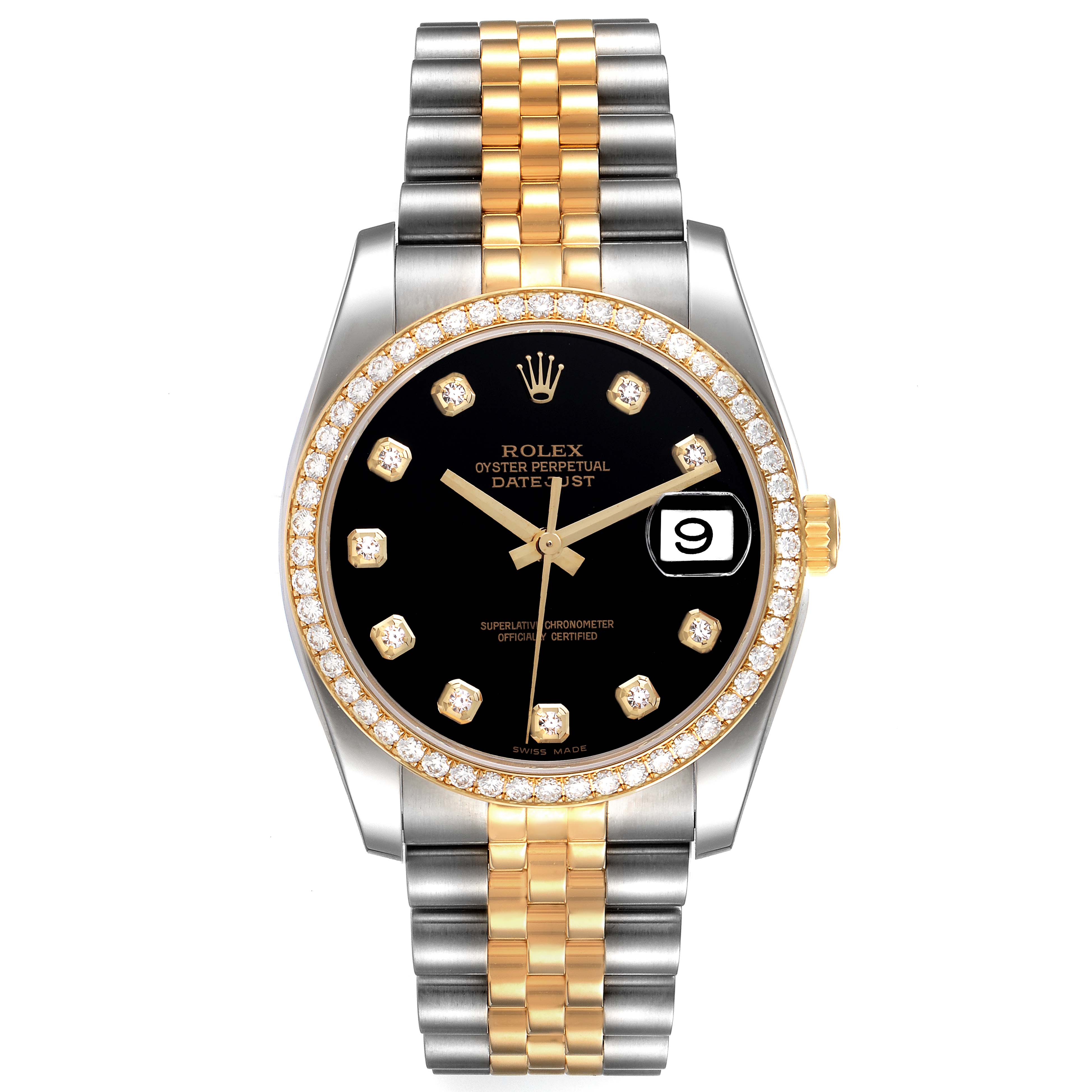 The Rolex Datejust 116243 Men's Steel and Gold (two tone) Black Dial 116243 Men's Steel and Gold (two tone) Black Dial watch is shown from a frontal angle, displaying its black dial, gold markers, date window, and two-tone bracelet.