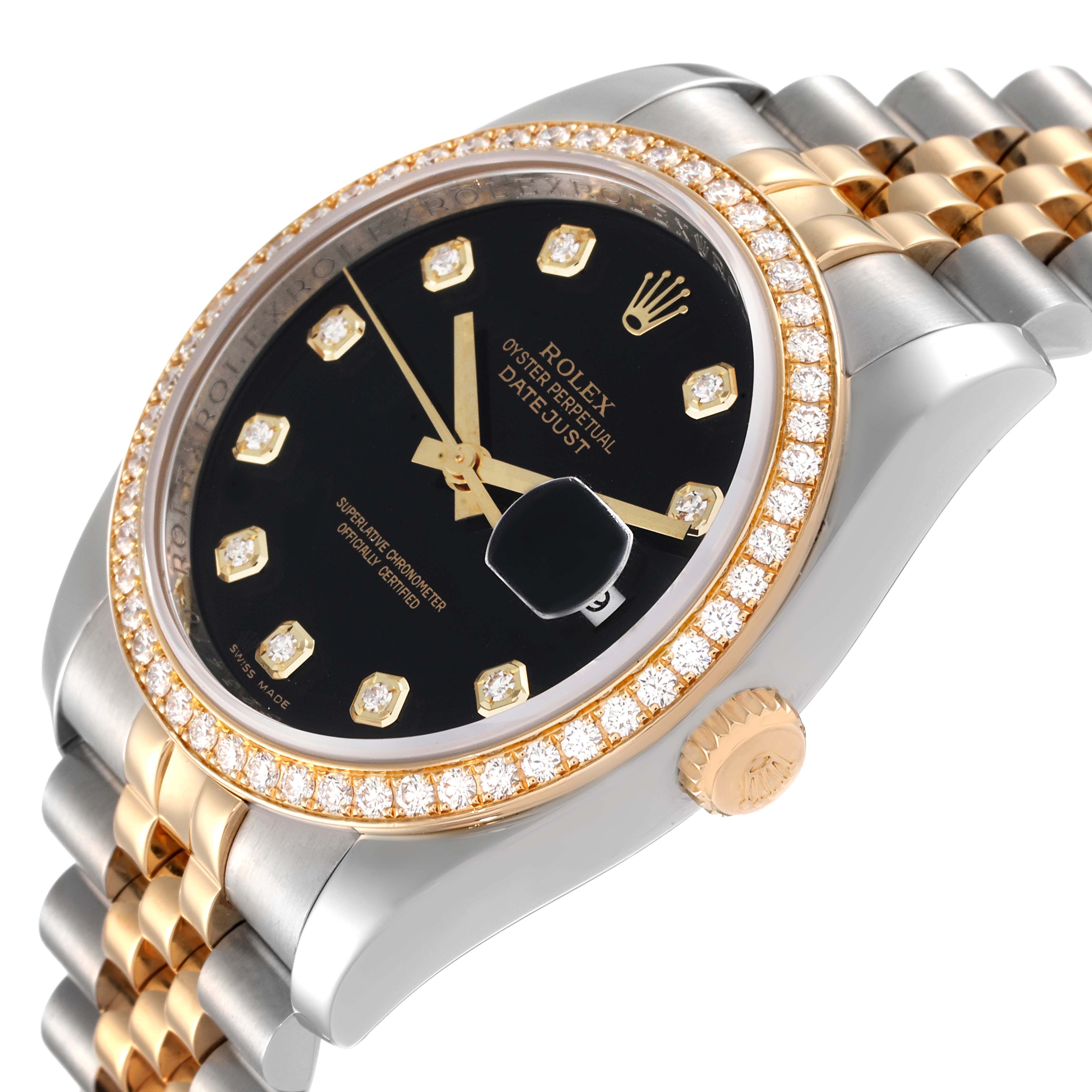 The image shows a close-up side angle of a Rolex Datejust 116243 Men's Steel and Gold (two tone) Black Dial 116243 Men's Steel and Gold (two tone) Black Dial watch, highlighting its face, bezel, and part of the band.