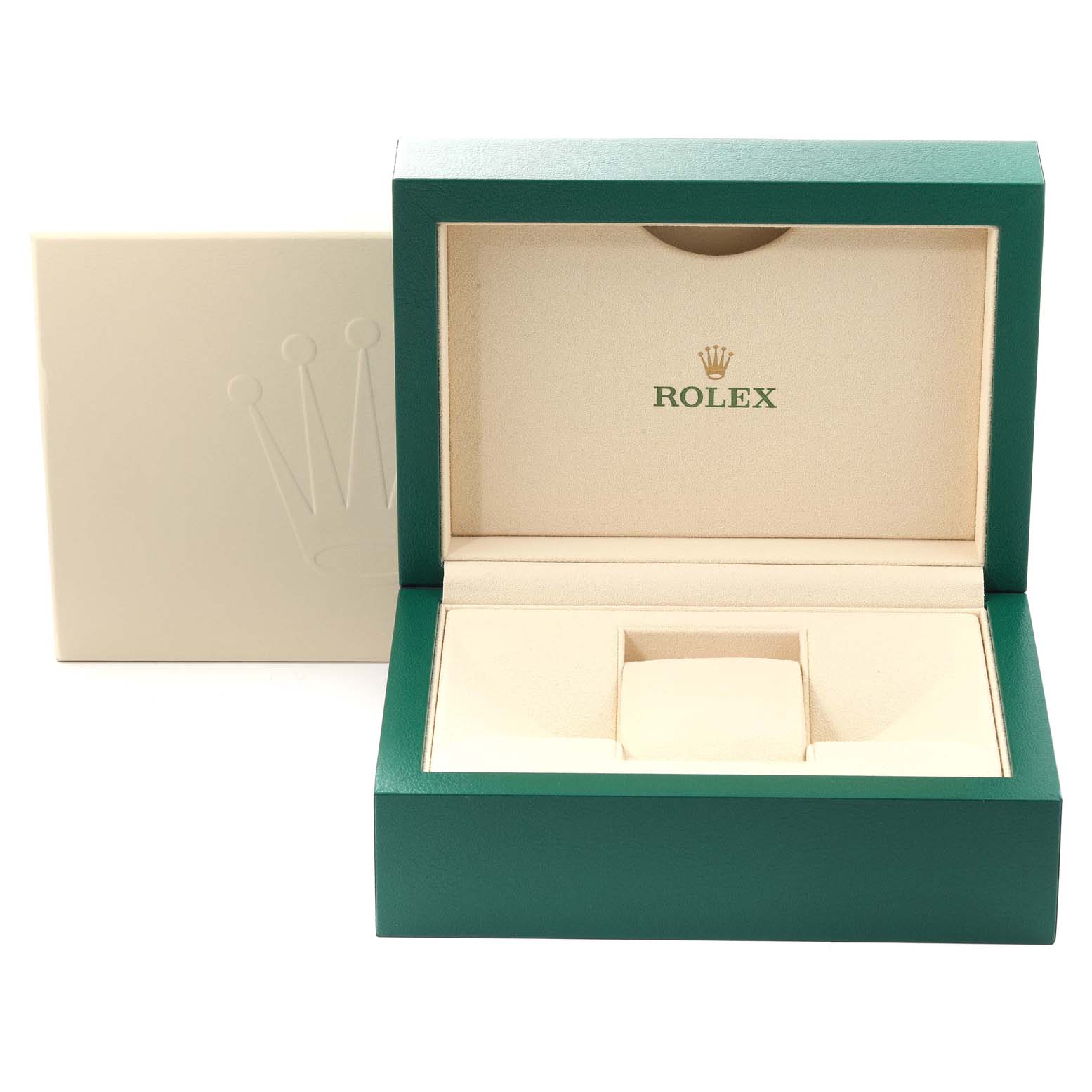 This image shows the open box for a Datejust model by Rolex, featuring a green and beige design with the Rolex logo inside.