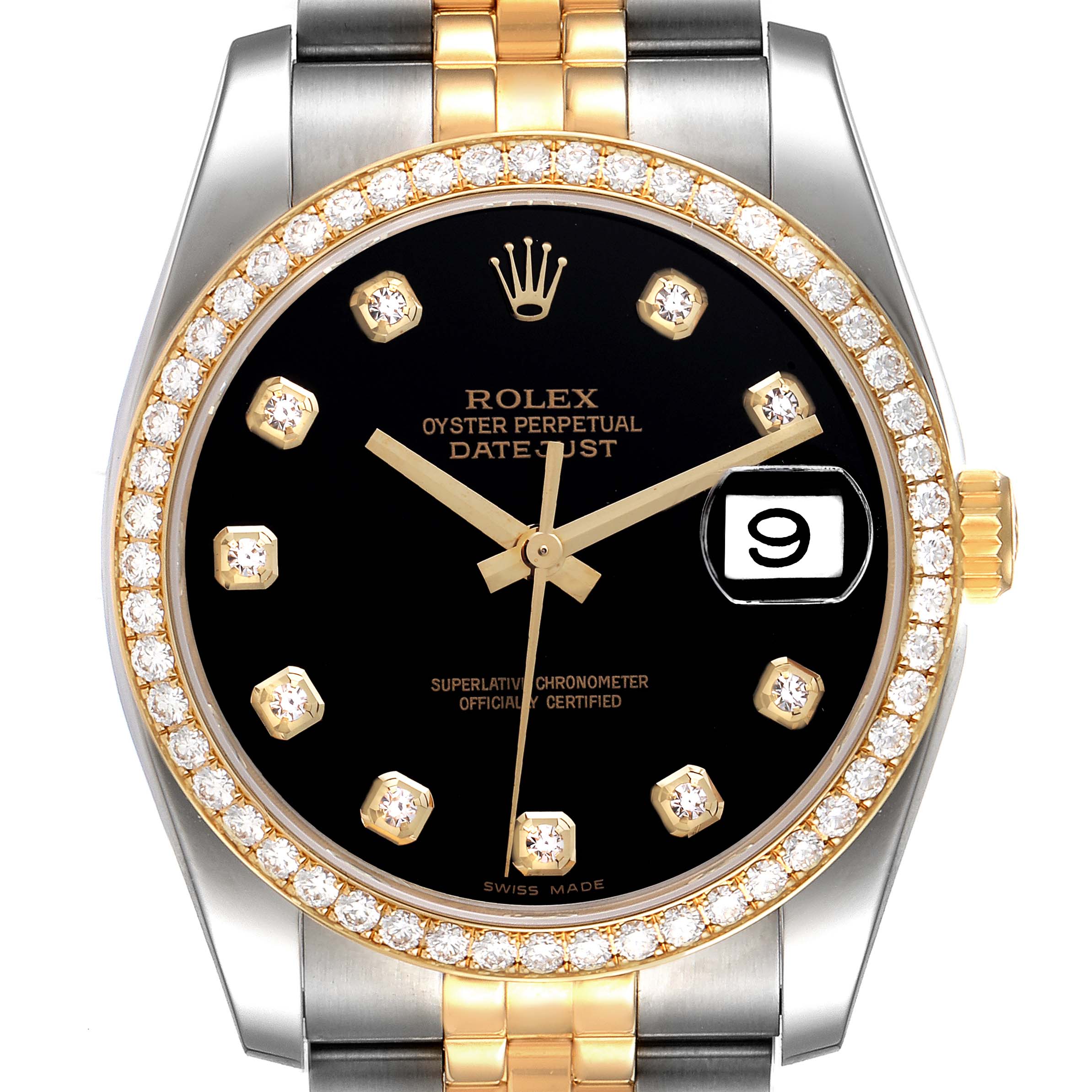 The image shows a front view of a Rolex Datejust 116243 Men's Steel and Gold (two tone) Black Dial 116243 Men's Steel and Gold (two tone) Black Dial watch with a black dial, diamond markers, and a date window at 3 o’clock.
