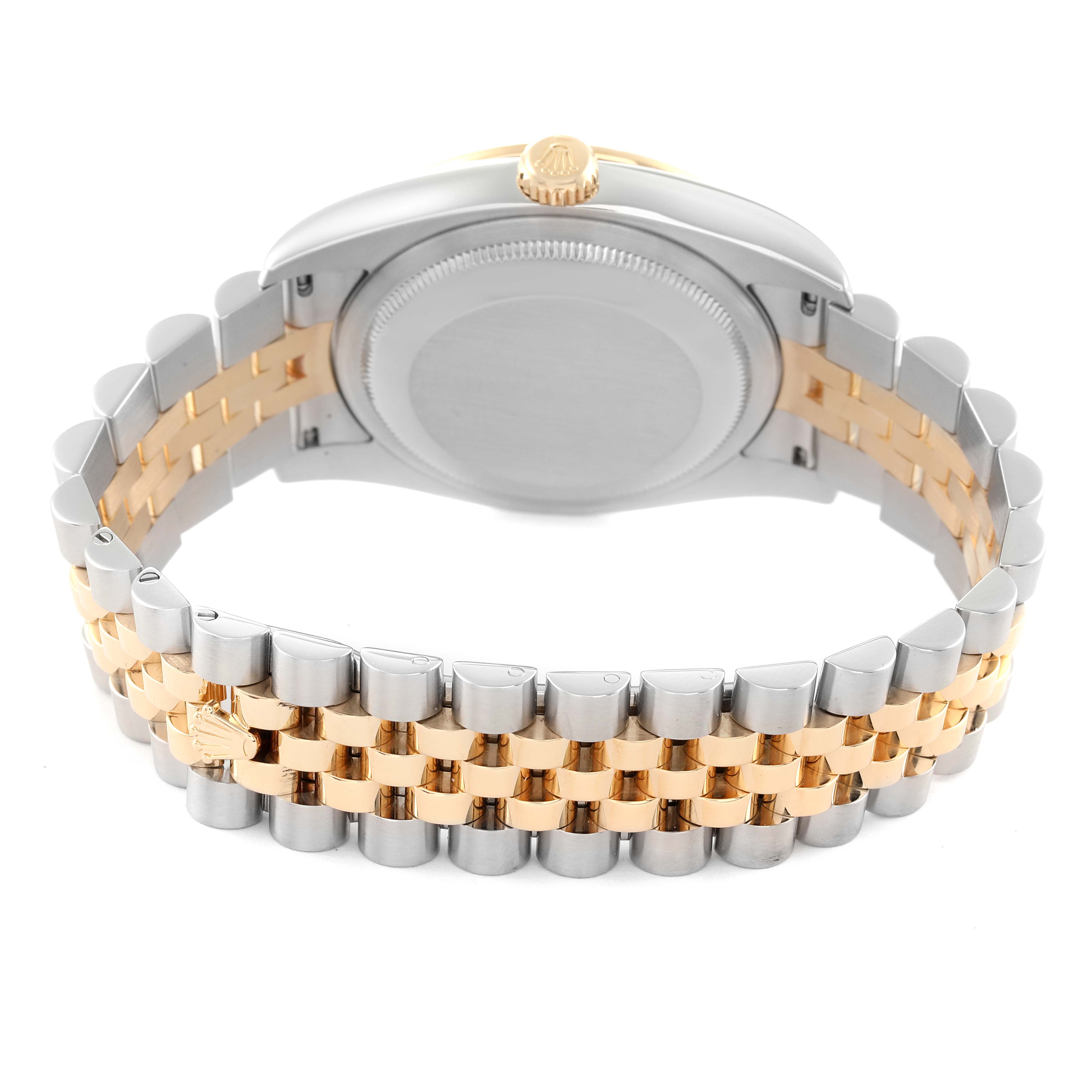 The image shows the back case and bracelet of a Rolex Datejust 116243 Men's Steel and Gold (two tone) Black Dial 116243 Men's Steel and Gold (two tone) Black Dial watch, featuring a combination of silver and gold links.