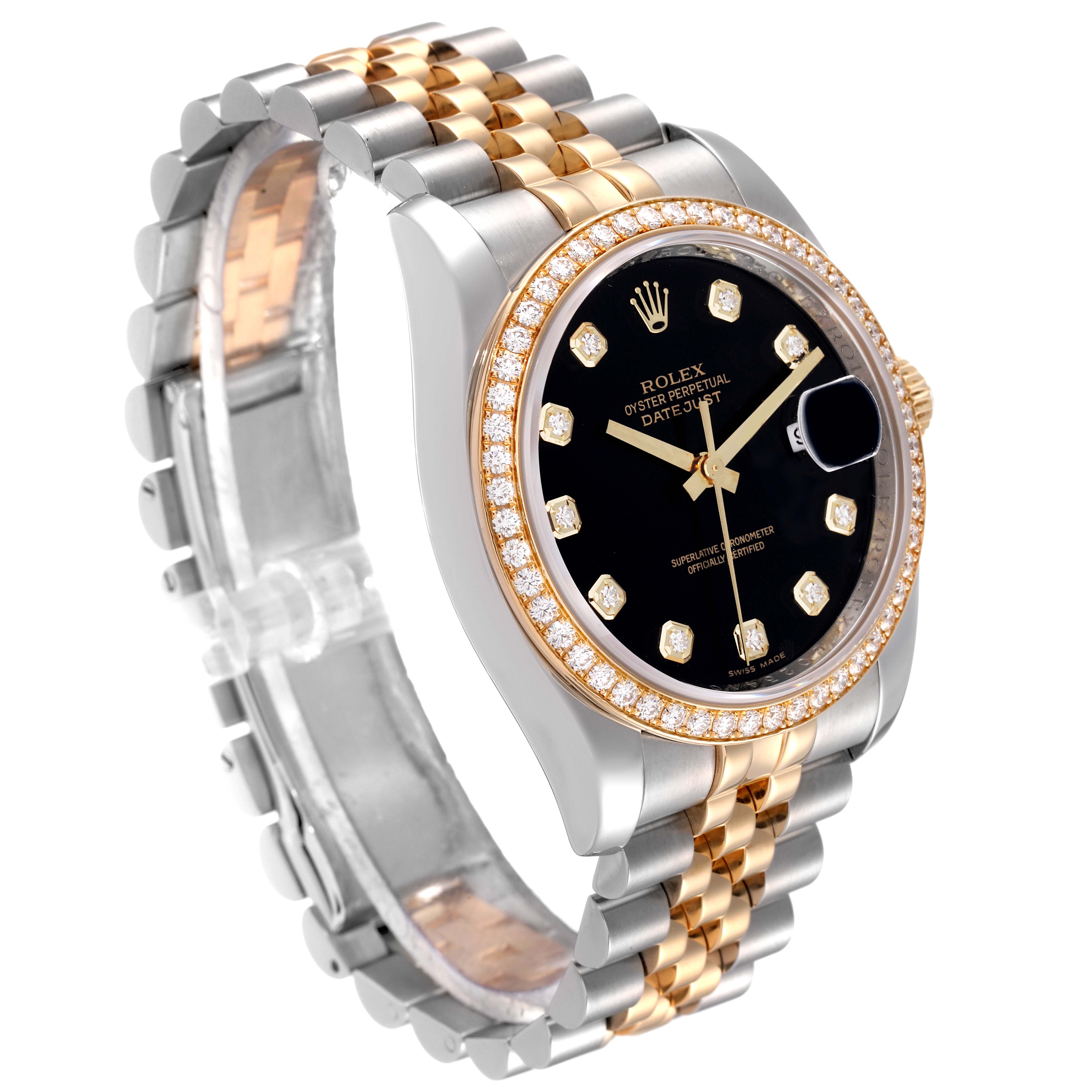 The Rolex Datejust 116243 Men's Steel and Gold (two tone) Black Dial 116243 Men's Steel and Gold (two tone) Black Dial watch is shown at an angled view, highlighting its black dial, diamond markers, and two-tone bracelet.