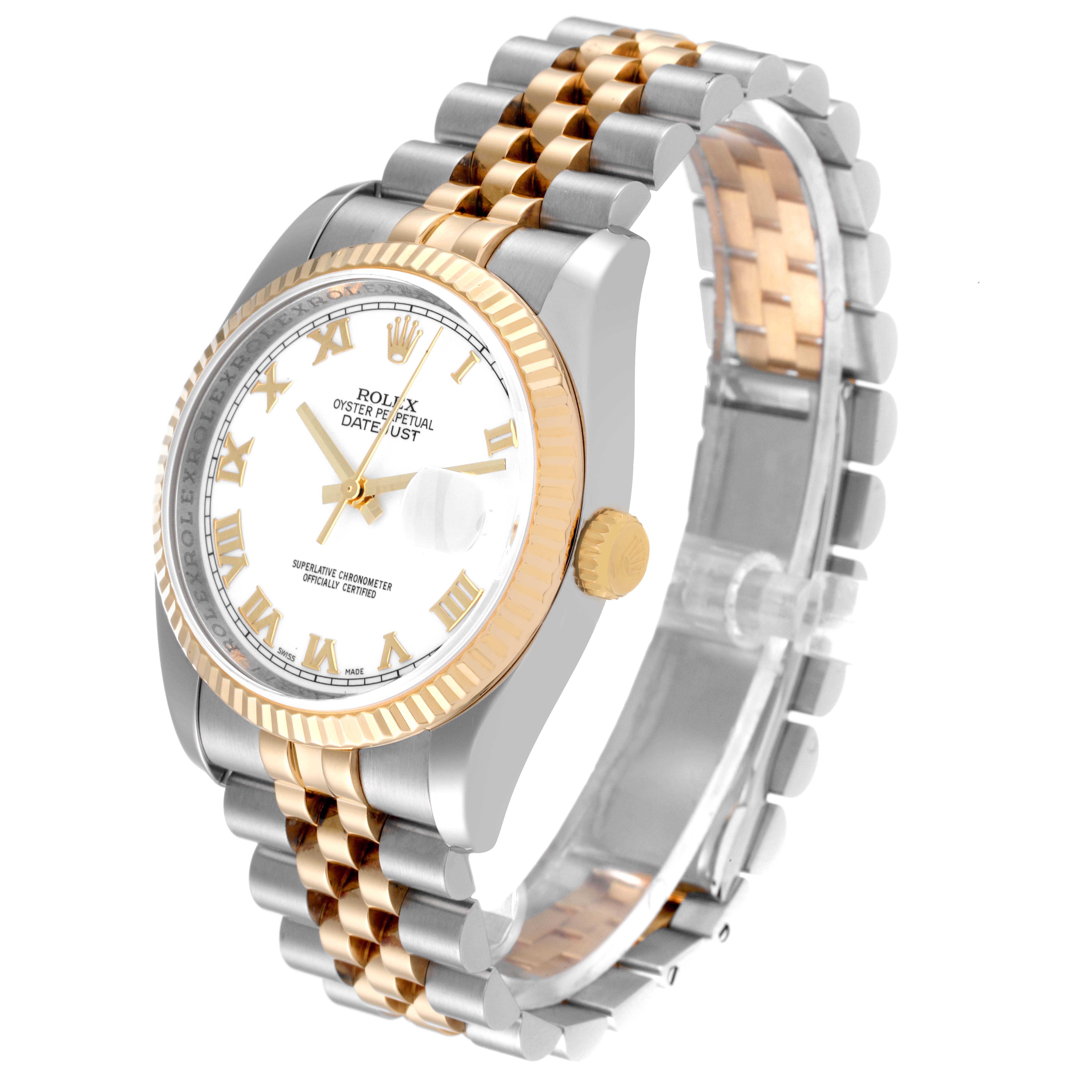The Rolex Datejust 116233 Men's Steel and Gold (two tone) White Dial 116233 Men's Steel and Gold (two tone) White Dial watch is shown at a three-quarter angle, highlighting its dial, bezel, crown, and bracelet.