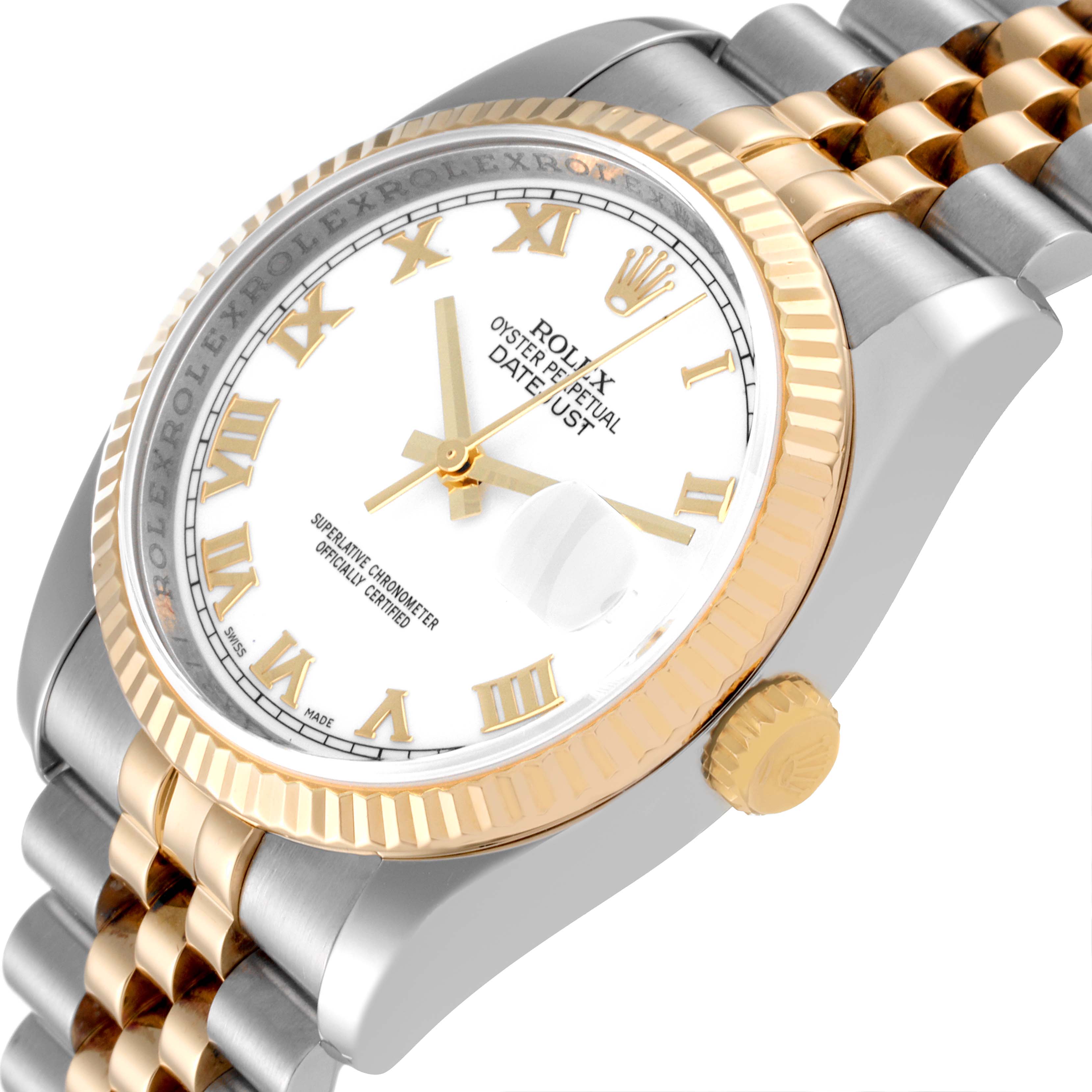The image shows the Rolex Datejust 116233 Men's Steel and Gold (two tone) White Dial 116233 Men's Steel and Gold (two tone) White Dial watch from an oblique angle, highlighting the dial, bezel, and part of the bracelet and crown.