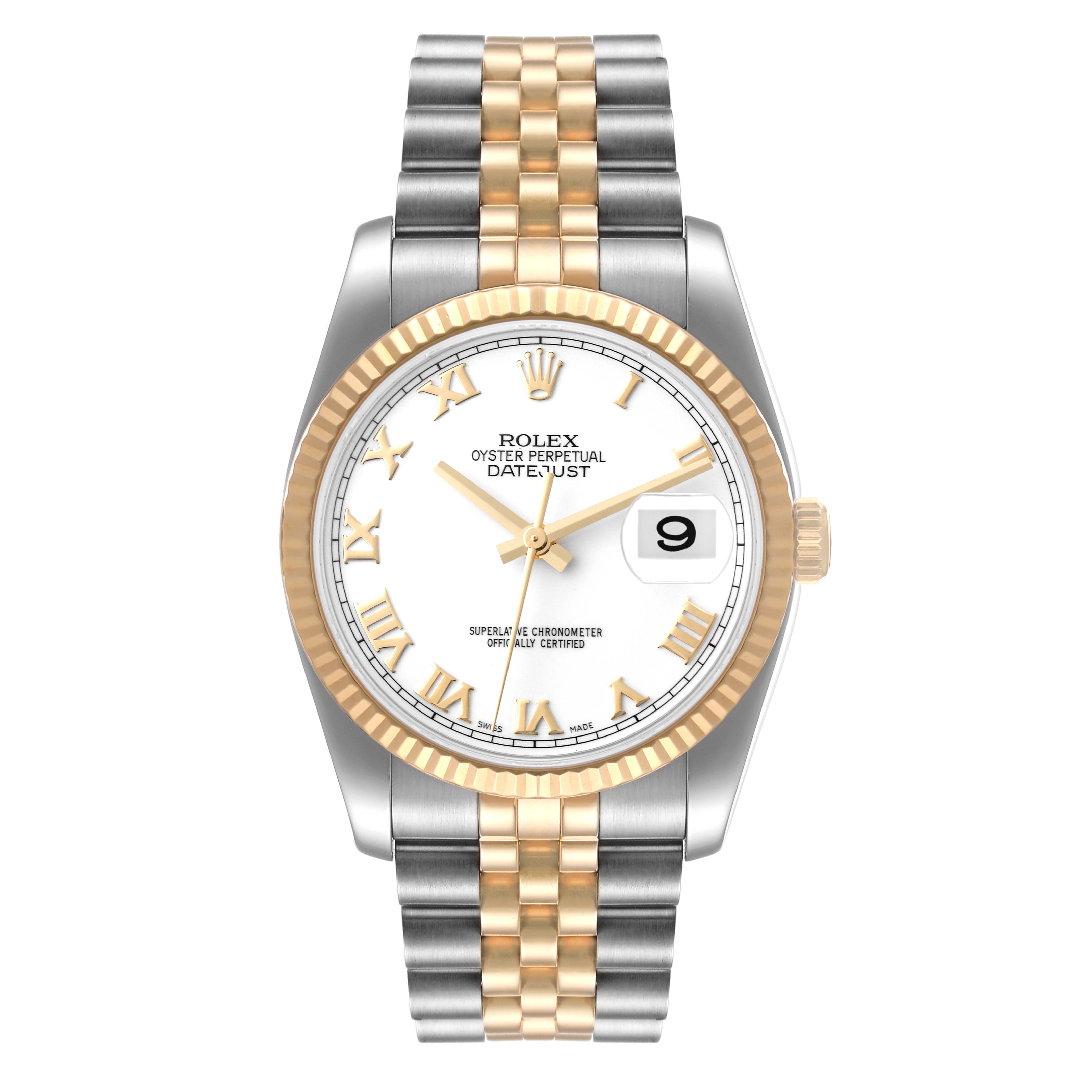 The image shows a front view of a Rolex Datejust 116233 Men's Steel and Gold (two tone) White Dial 116233 Men's Steel and Gold (two tone) White Dial watch with a two-tone bracelet and white dial.