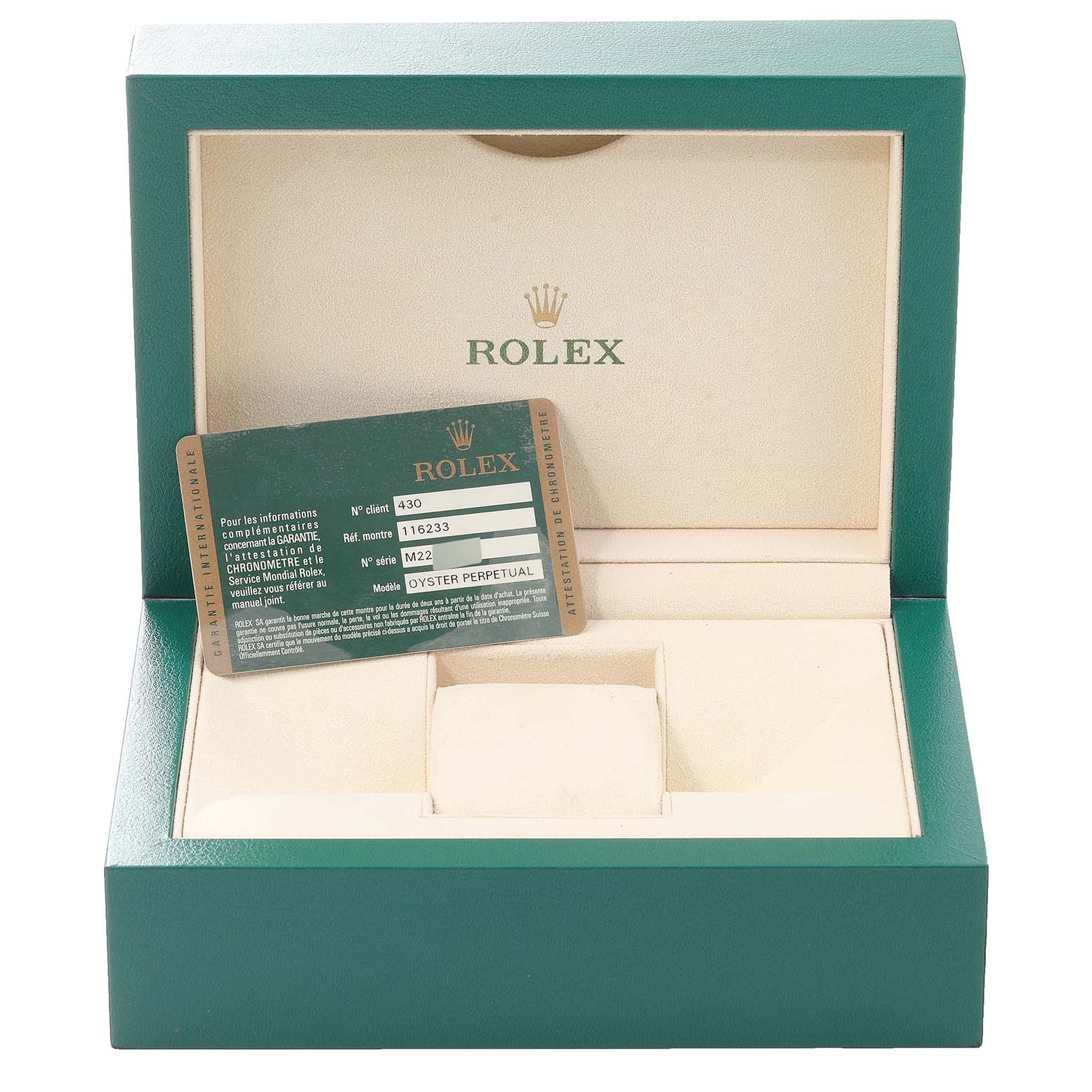 The image shows the open green box and warranty card for a Rolex Datejust 116233 Men's Steel and Gold (two tone) White Dial 116233 Men's Steel and Gold (two tone) White Dial watch.
