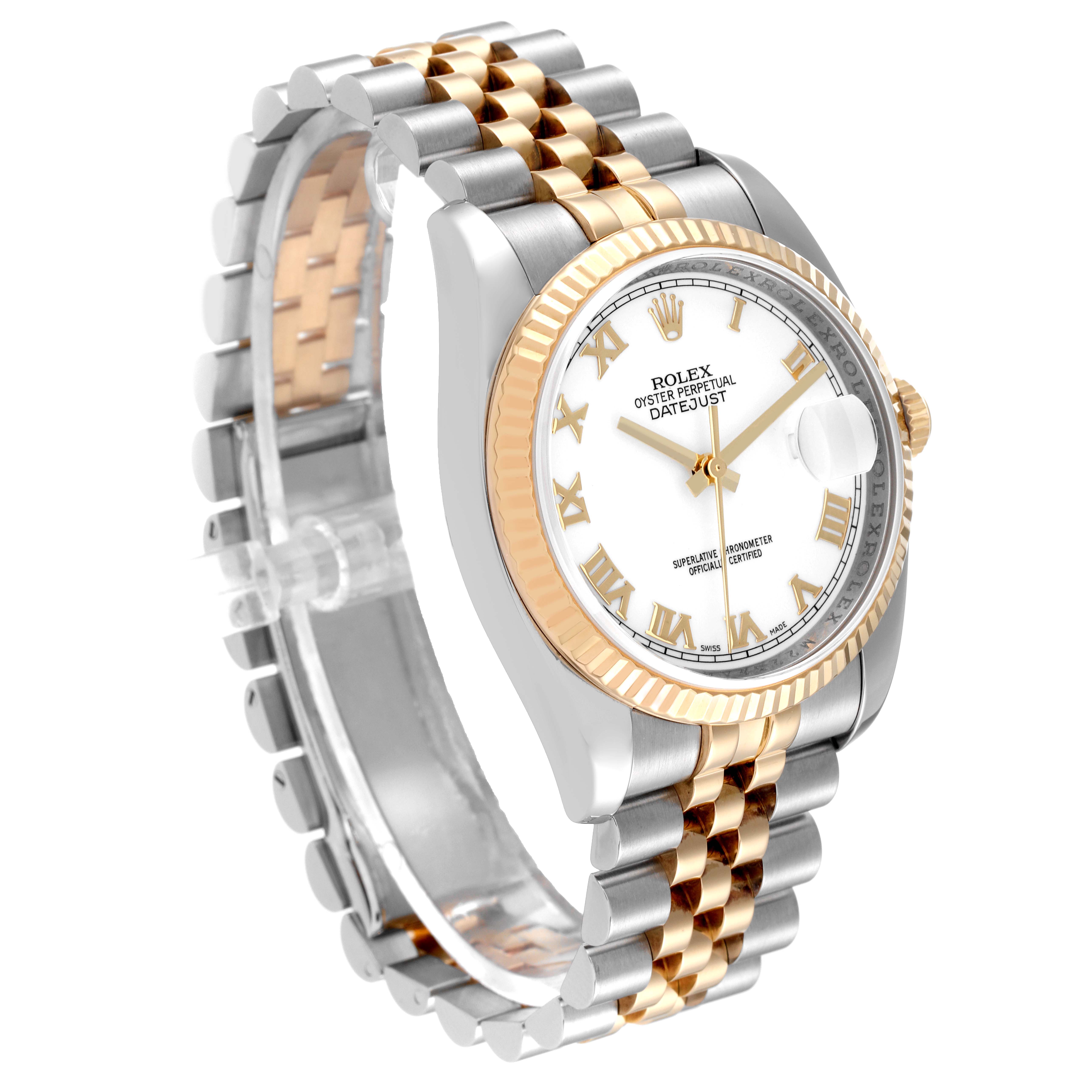 The image shows a Rolex Datejust 116233 Men's Steel and Gold (two tone) White Dial 116233 Men's Steel and Gold (two tone) White Dial watch, featuring a two-tone bracelet, fluted bezel, and white dial with Roman numerals, at a side angle.