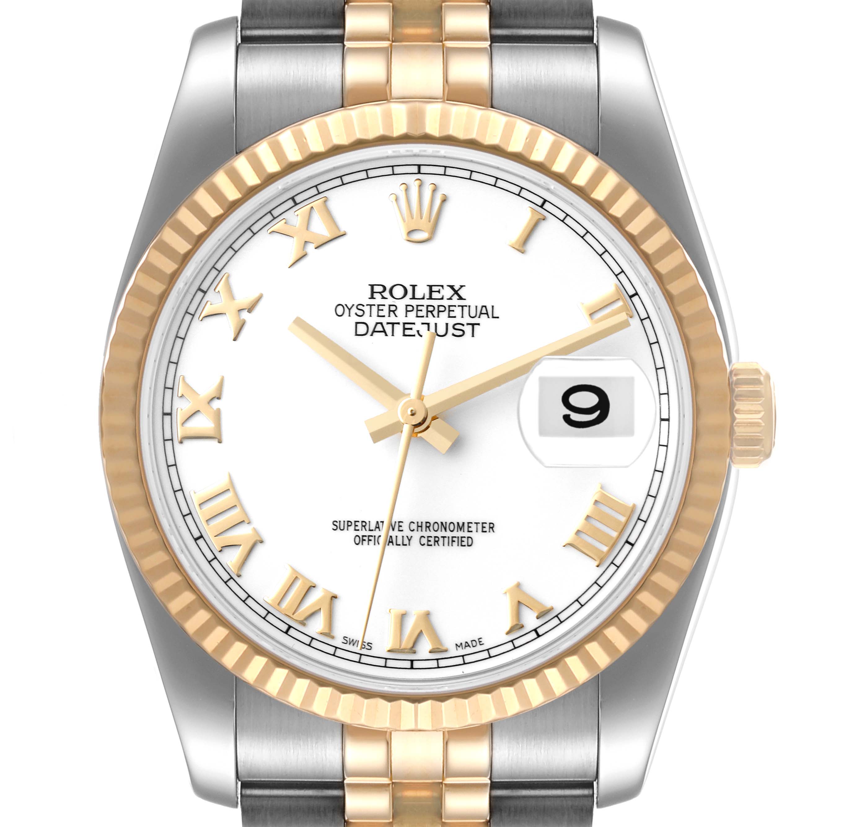 The image shows the front view of a Rolex Datejust 116233 Men's Steel and Gold (two tone) White Dial 116233 Men's Steel and Gold (two tone) White Dial watch, highlighting its white dial, gold Roman numerals, and fluted bezel.
