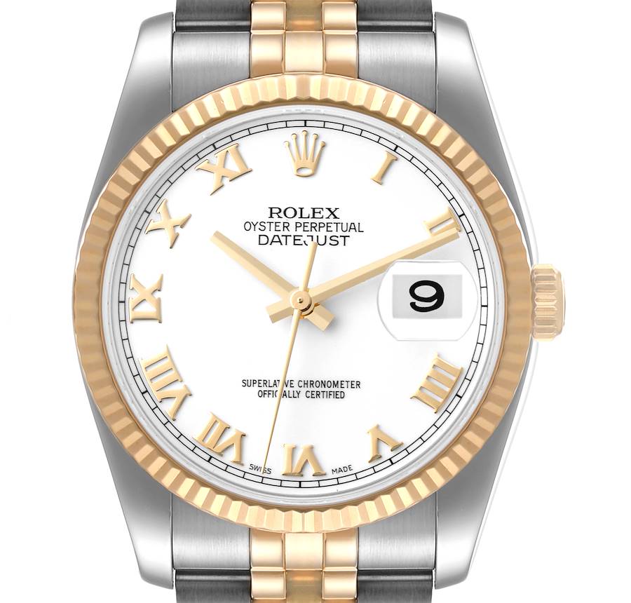Rolex Datejust Steel Yellow Gold White Roman Dial Mens Watch 116233 Box Card SwissWatchExpo
