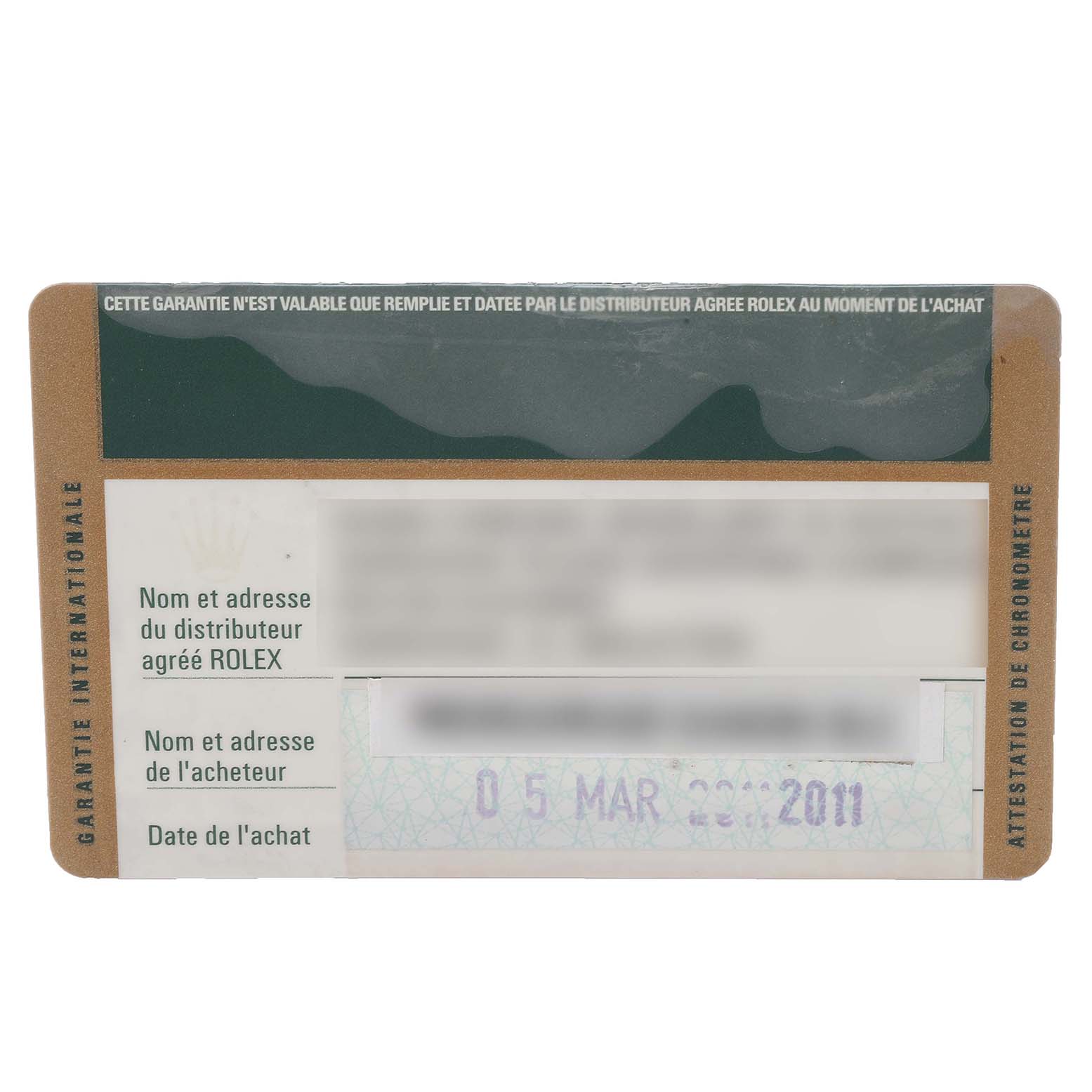 This image shows the warranty card for a Rolex Datejust 116233 Men's Steel and Gold (two tone) White Dial 116233 Men's Steel and Gold (two tone) White Dial model.