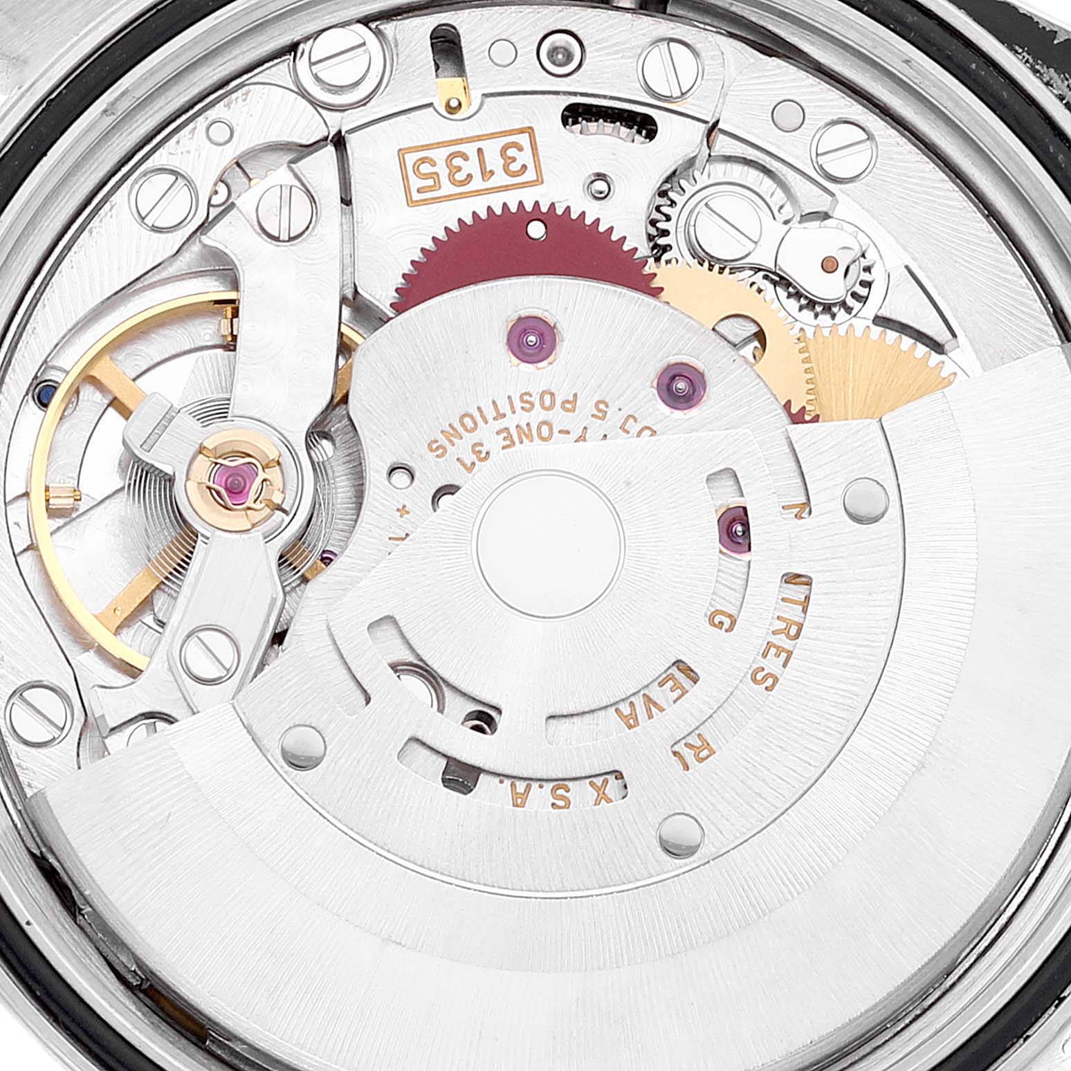 The image shows the intricate movement of a Rolex Datejust 16200 Men's Stainless Steel White Dial 16200 Men's Stainless Steel White Dial watch from a close-up angle.
