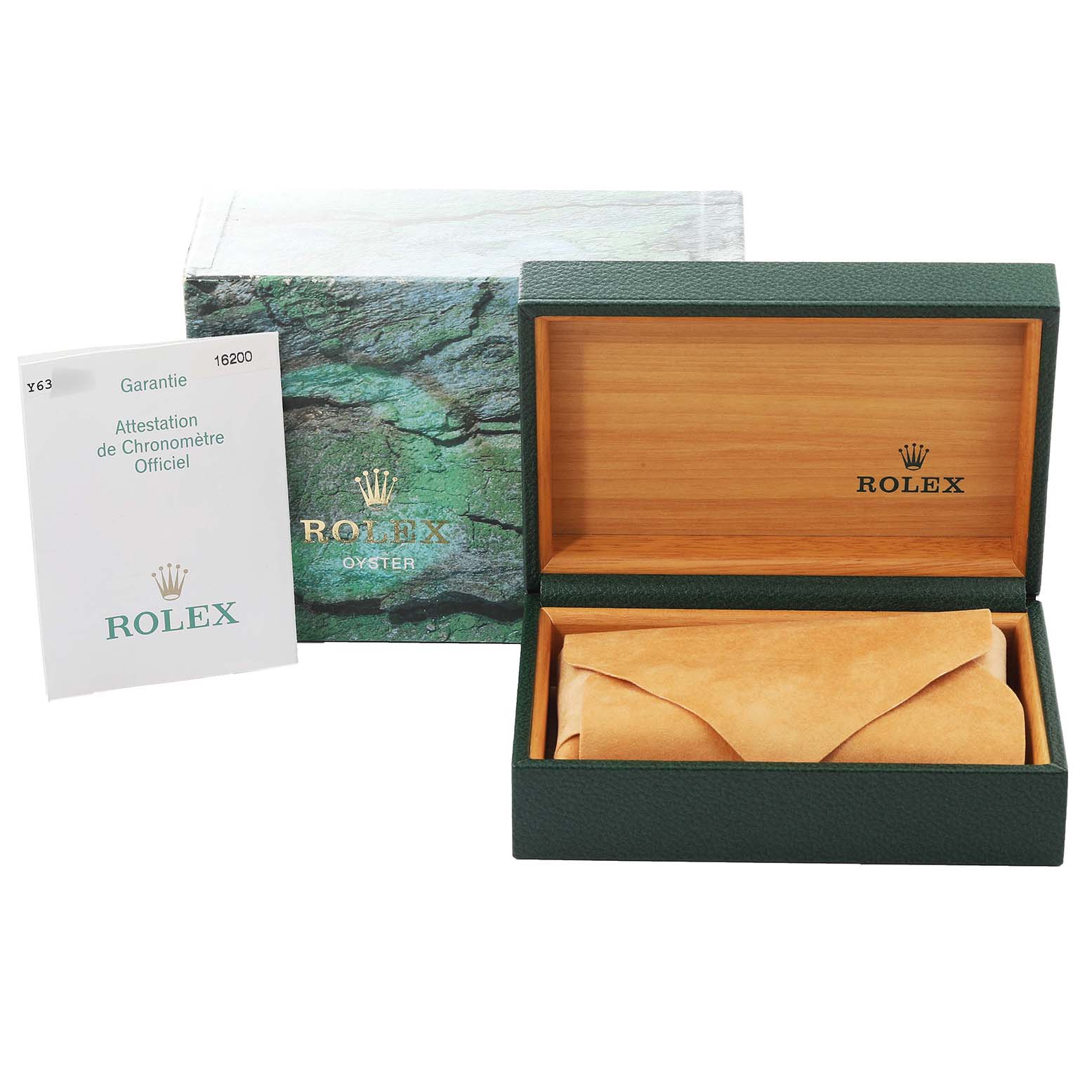 This image shows the packaging, box, and certificate for a Rolex Datejust 16200 Men's Stainless Steel White Dial 16200 Men's Stainless Steel White Dial watch.