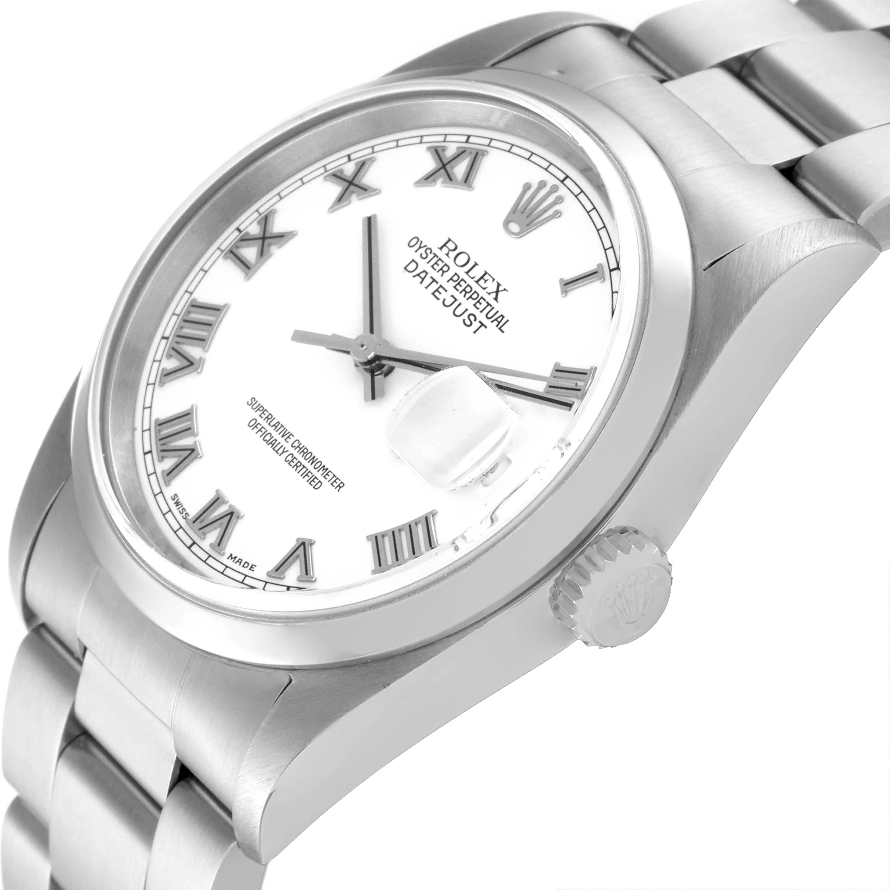 This image shows a close-up angled view of a Rolex Datejust 16200 Men's Stainless Steel White Dial 16200 Men's Stainless Steel White Dial watch, highlighting the dial, bezel, crown, and part of the bracelet.