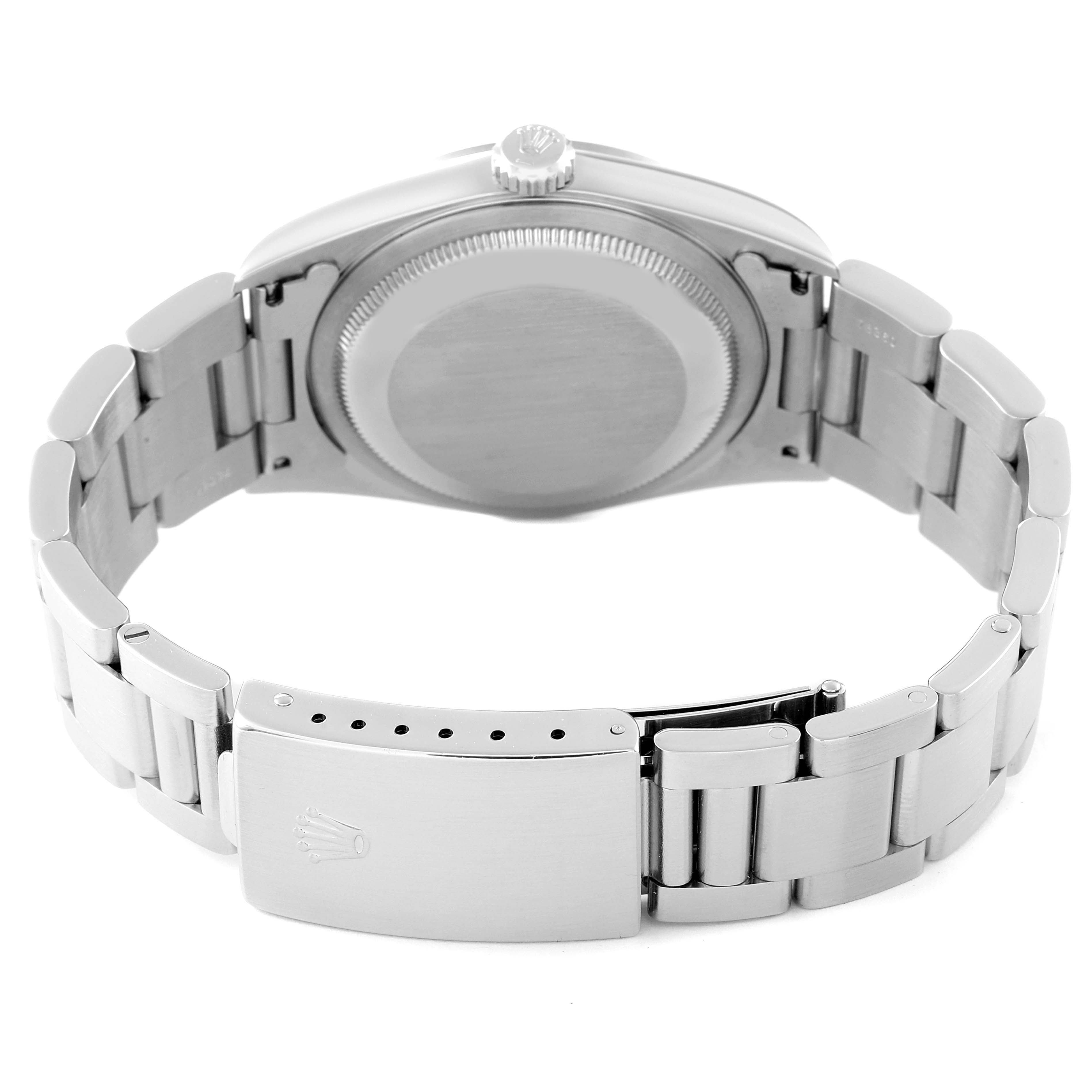 This image shows the back view of the Rolex Datejust 16200 Men's Stainless Steel White Dial 16200 Men's Stainless Steel White Dial watch, specifically focusing on its stainless steel bracelet and clasp.