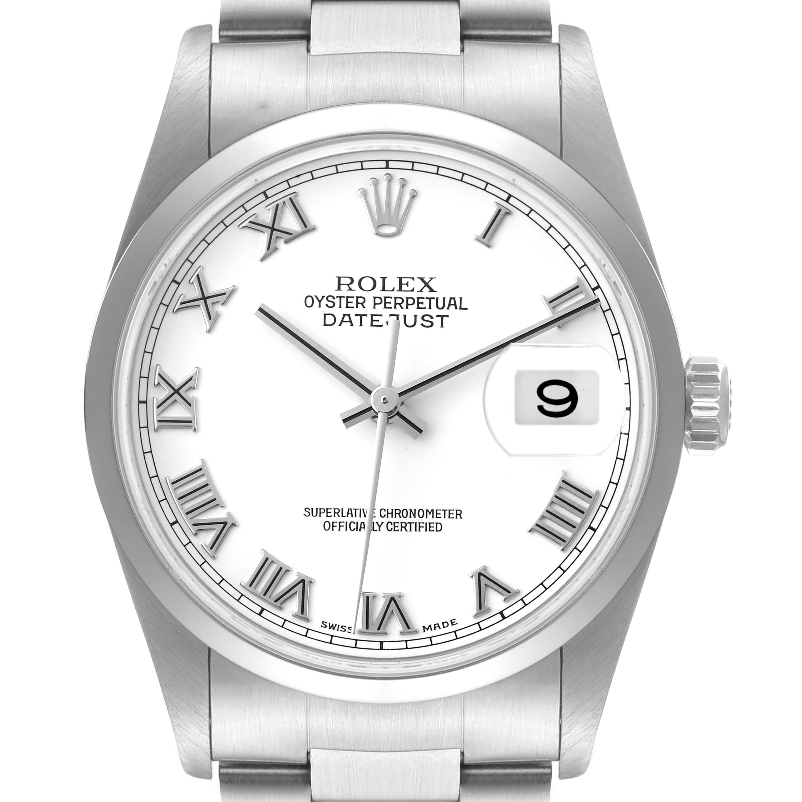 The Rolex Datejust 16200 Men's Stainless Steel White Dial 16200 Men's Stainless Steel White Dial watch is shown from a front angle, highlighting its dial, Roman numeral markers, and date window.