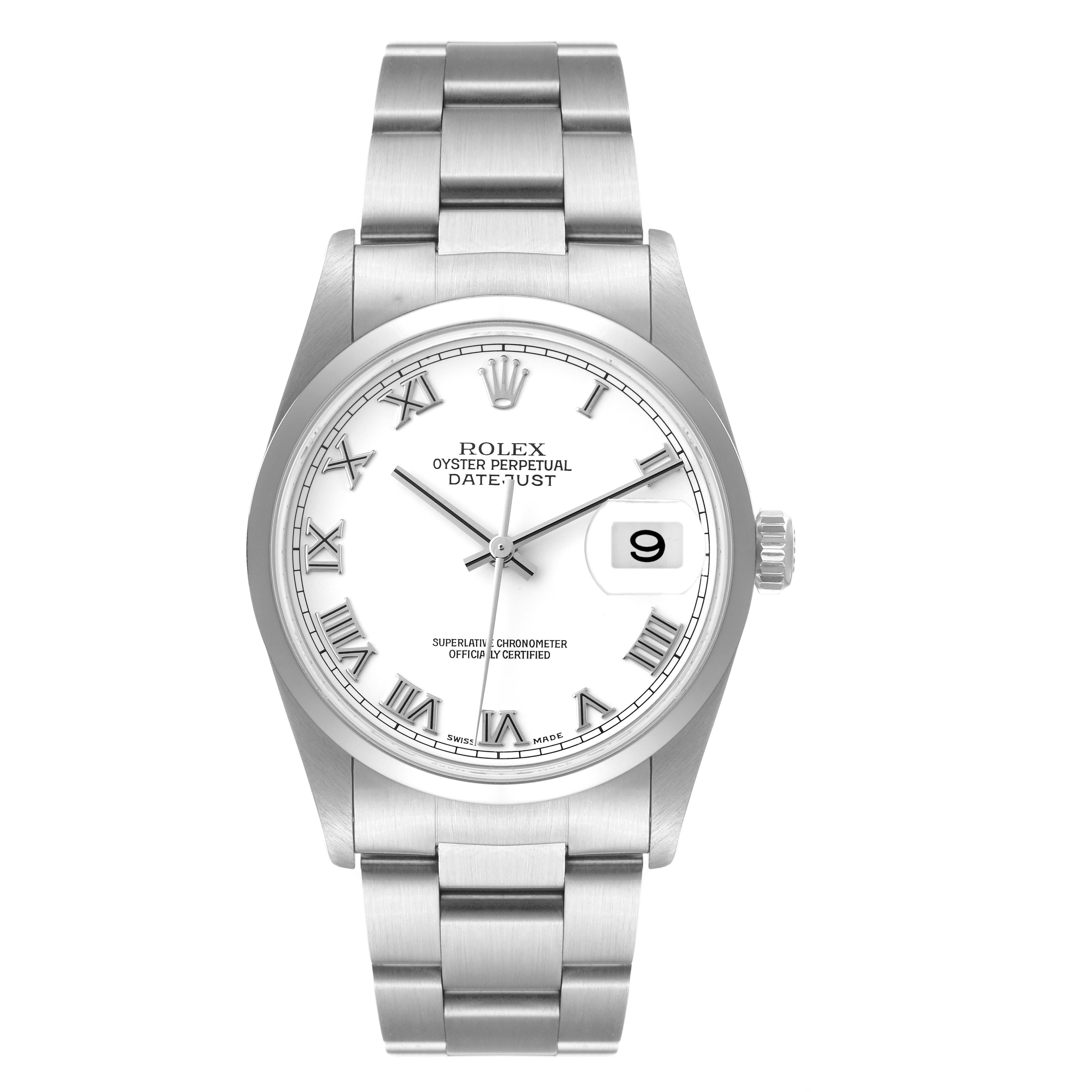 The image shows a front view of a Rolex Datejust 16200 Men's Stainless Steel White Dial 16200 Men's Stainless Steel White Dial watch, displaying the face, bezel, and bracelet.