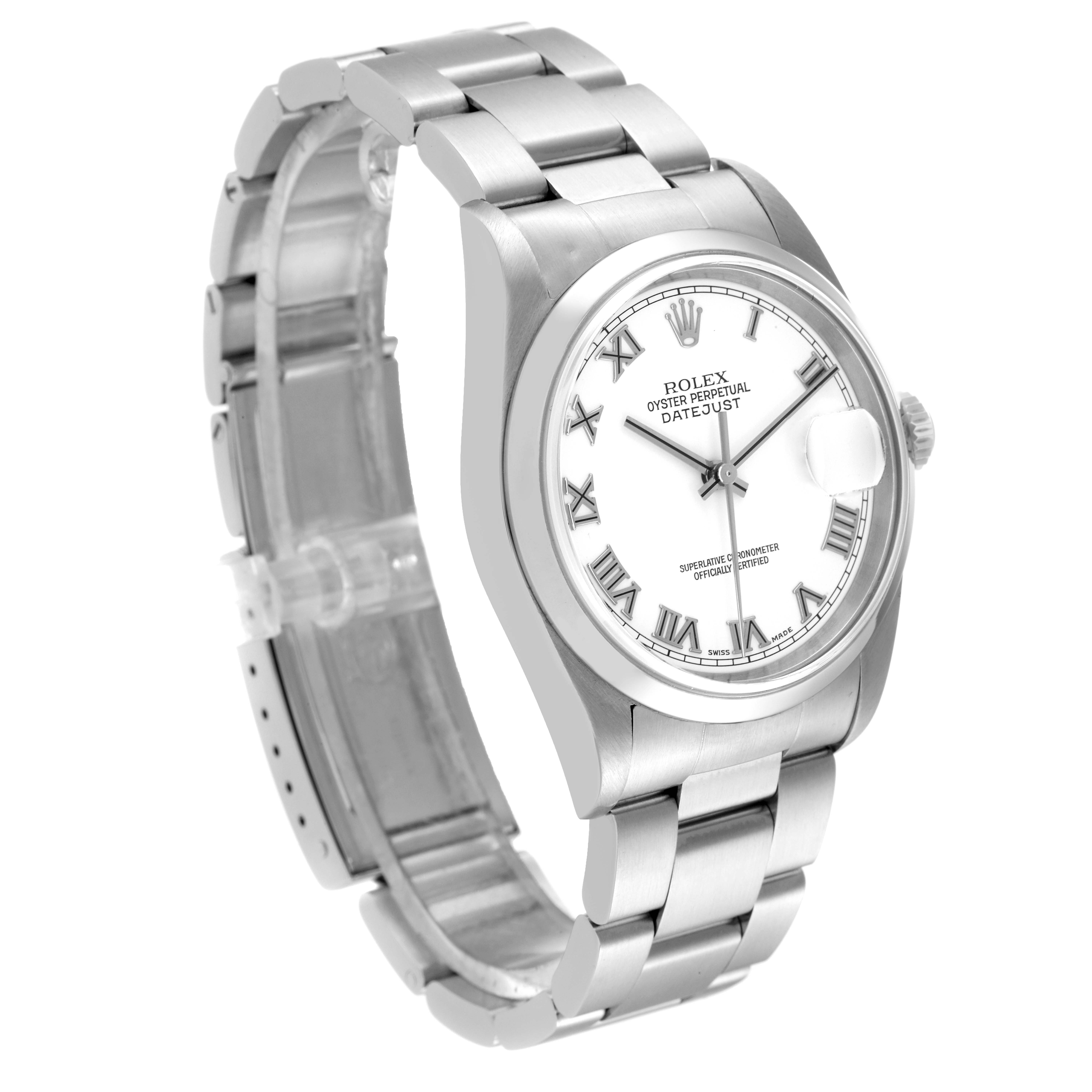 The Rolex Datejust 16200 Men's Stainless Steel White Dial 16200 Men's Stainless Steel White Dial watch is shown at an angled view, displaying the face, bezel, and part of the bracelet.