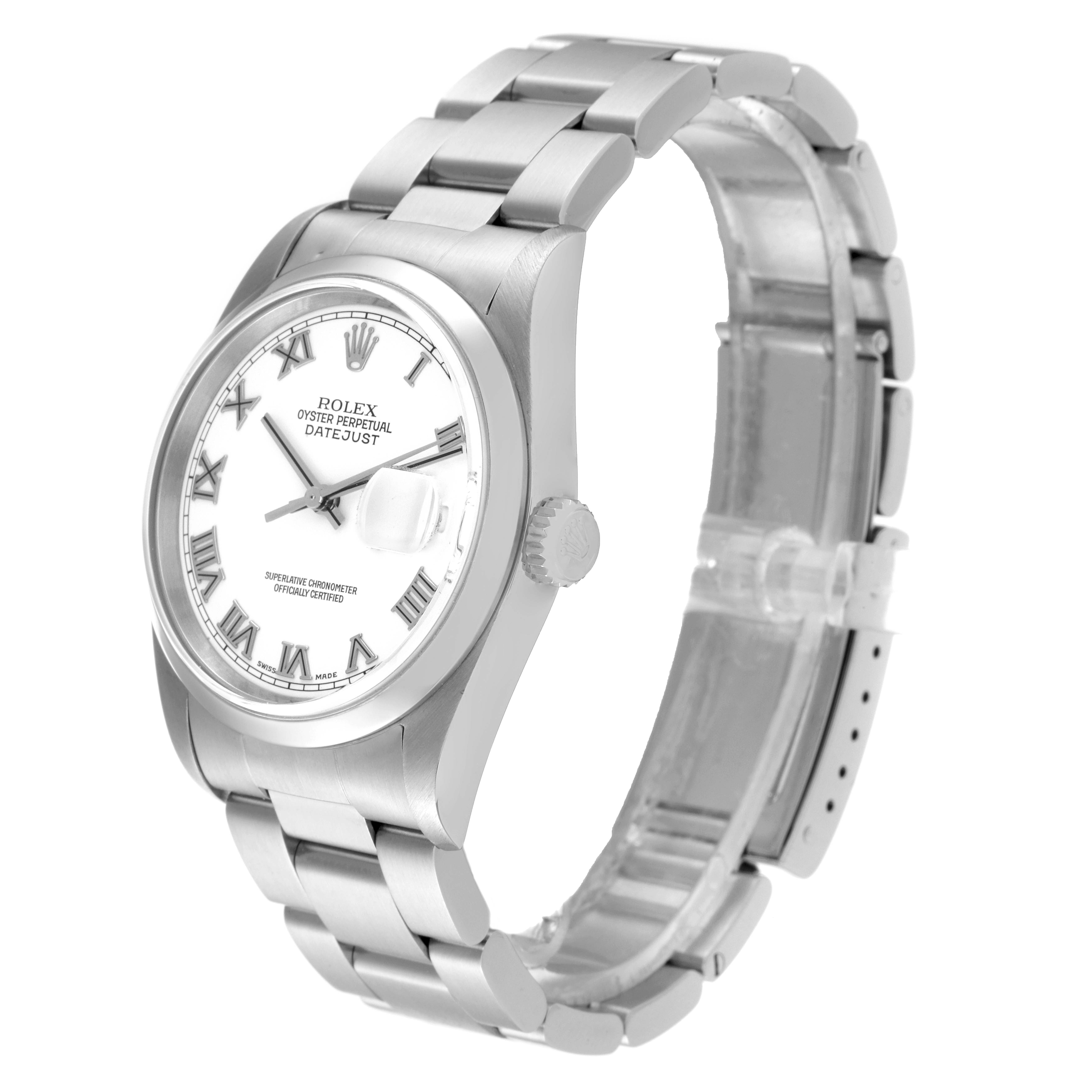 The image shows a Rolex Datejust 16200 Men's Stainless Steel White Dial 16200 Men's Stainless Steel White Dial watch angled to display its face, bracelet, and crown.