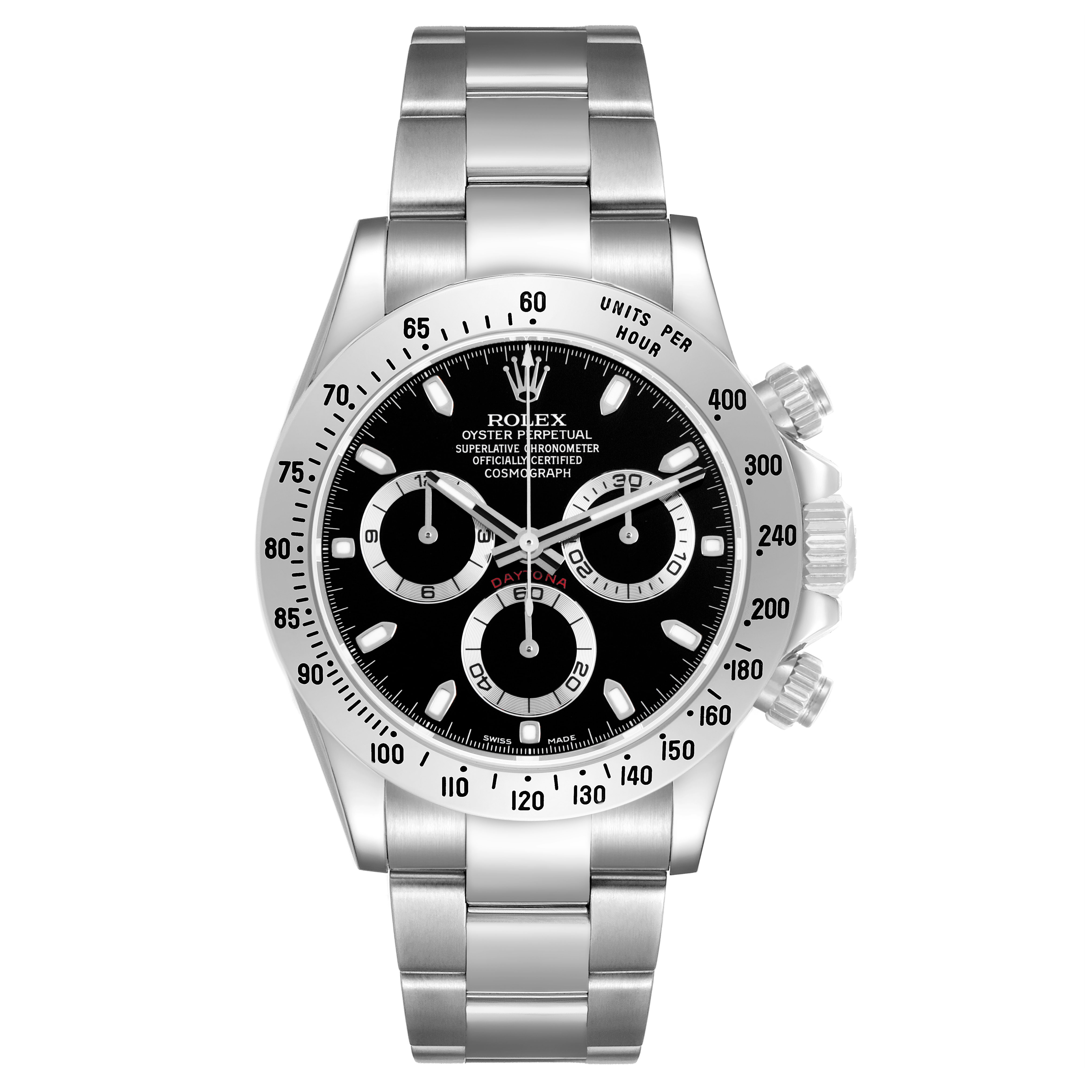 The image shows a front view of the Rolex Daytona 116520 Men's Stainless Steel Black Dial watch, highlighting the dial, subdials, bezel, and bracelet.