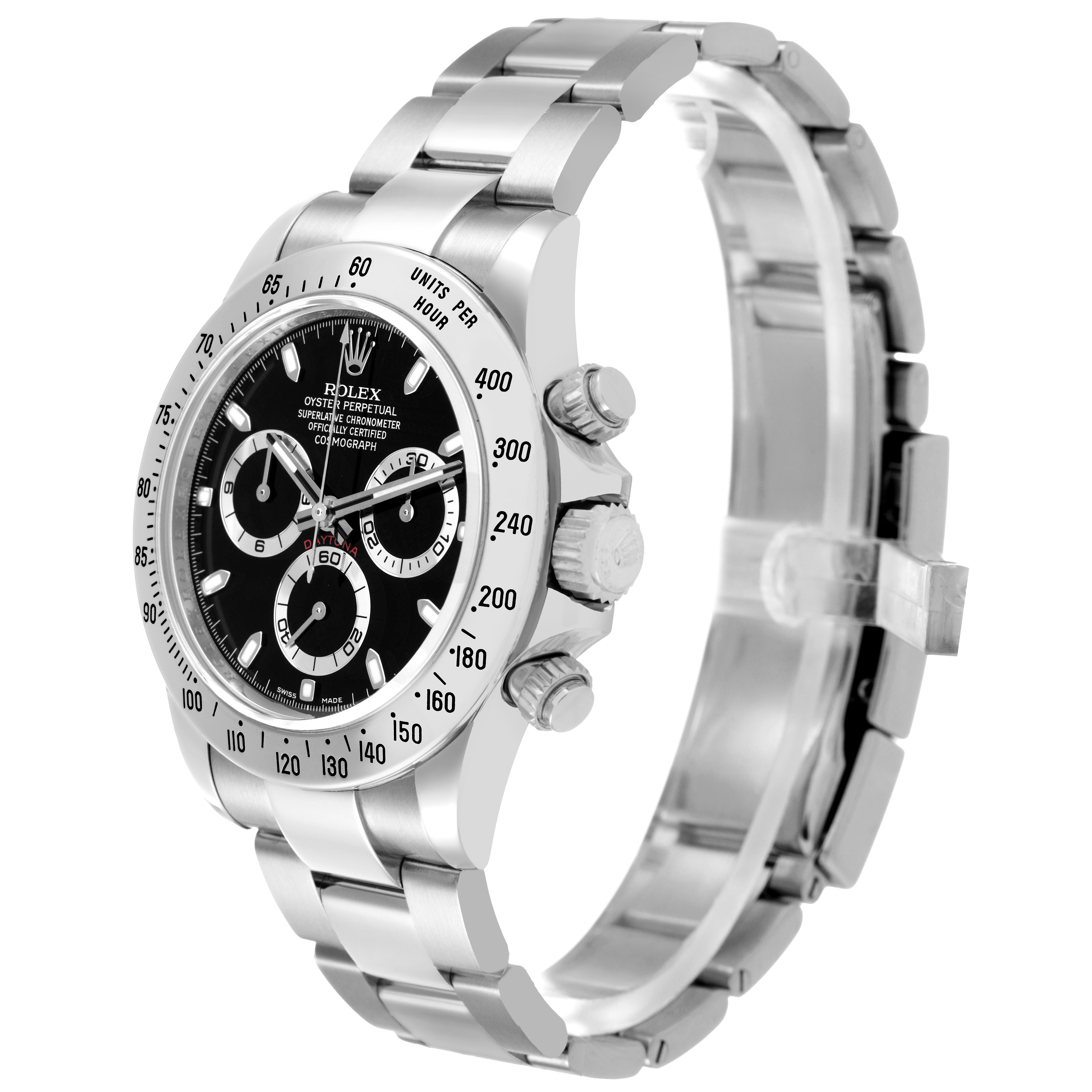 The Rolex Daytona 116520 Men's Stainless Steel Black Dial watch is shown at a 3/4 angle, highlighting the face, bezel, crown, pushers, and bracelet.