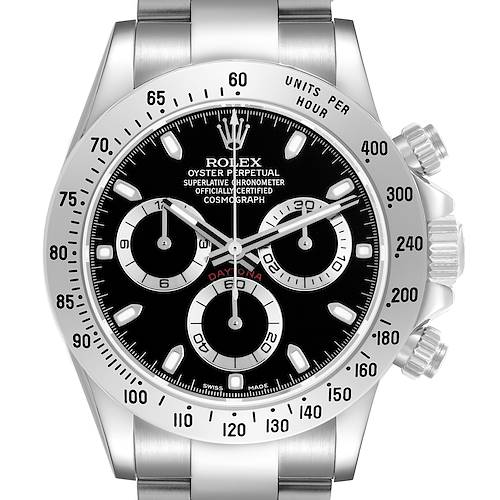 The Rolex Daytona 116520 Men's Stainless Steel Black Dial watch is shown from a front angle, displaying the watch face, bezel, and side buttons.