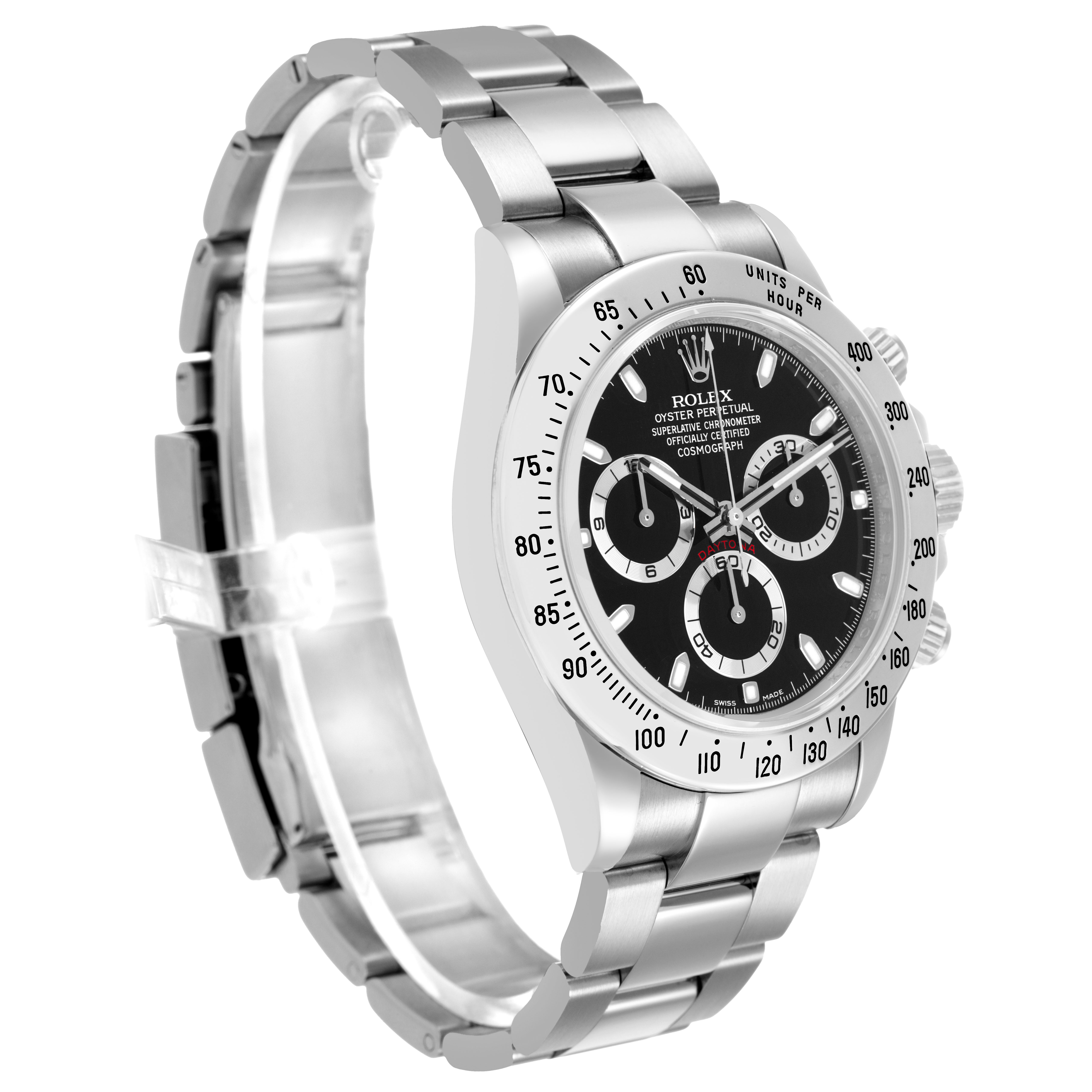 The Rolex Daytona 116520 Men's Stainless Steel Black Dial watch is shown at an angled side view, displaying its bezel, dial, and bracelet.