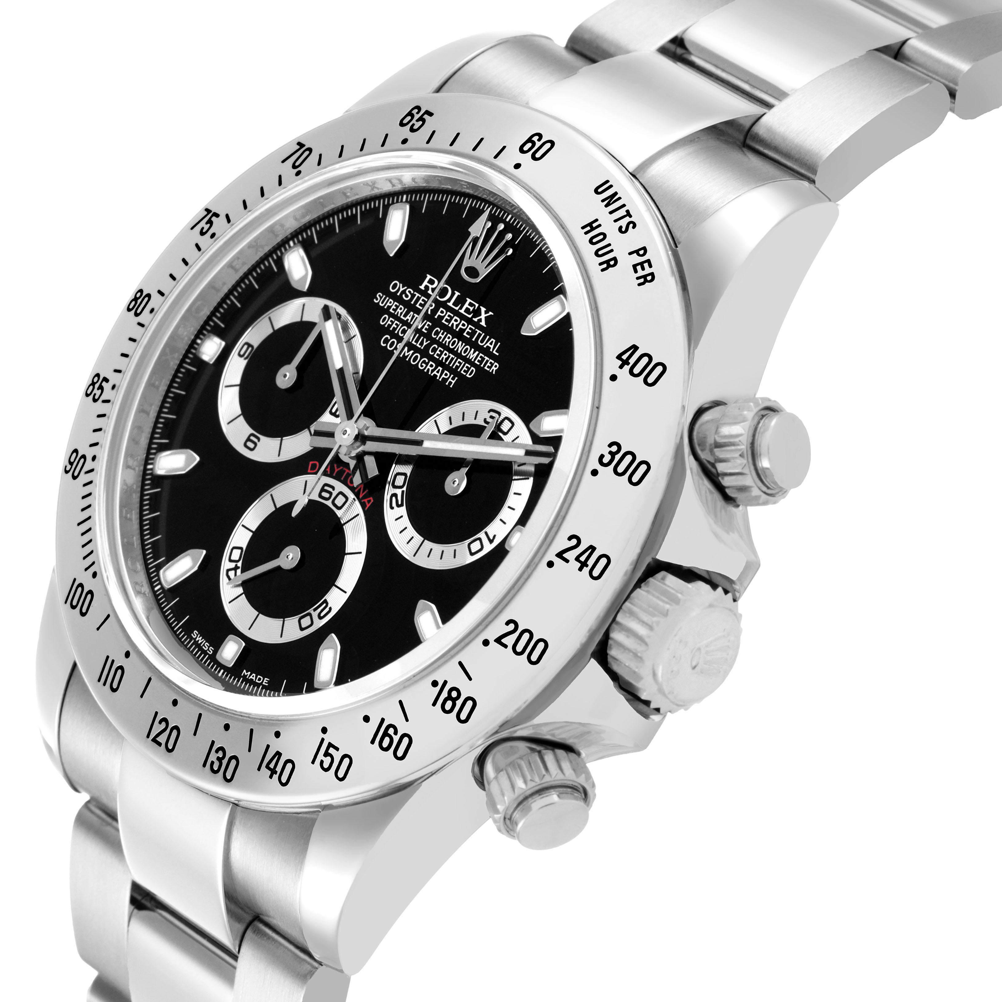 The Rolex Daytona 116520 Men's Stainless Steel Black Dial watch is shown at a three-quarter angle, highlighting the bezel, face, crown, and pushers.