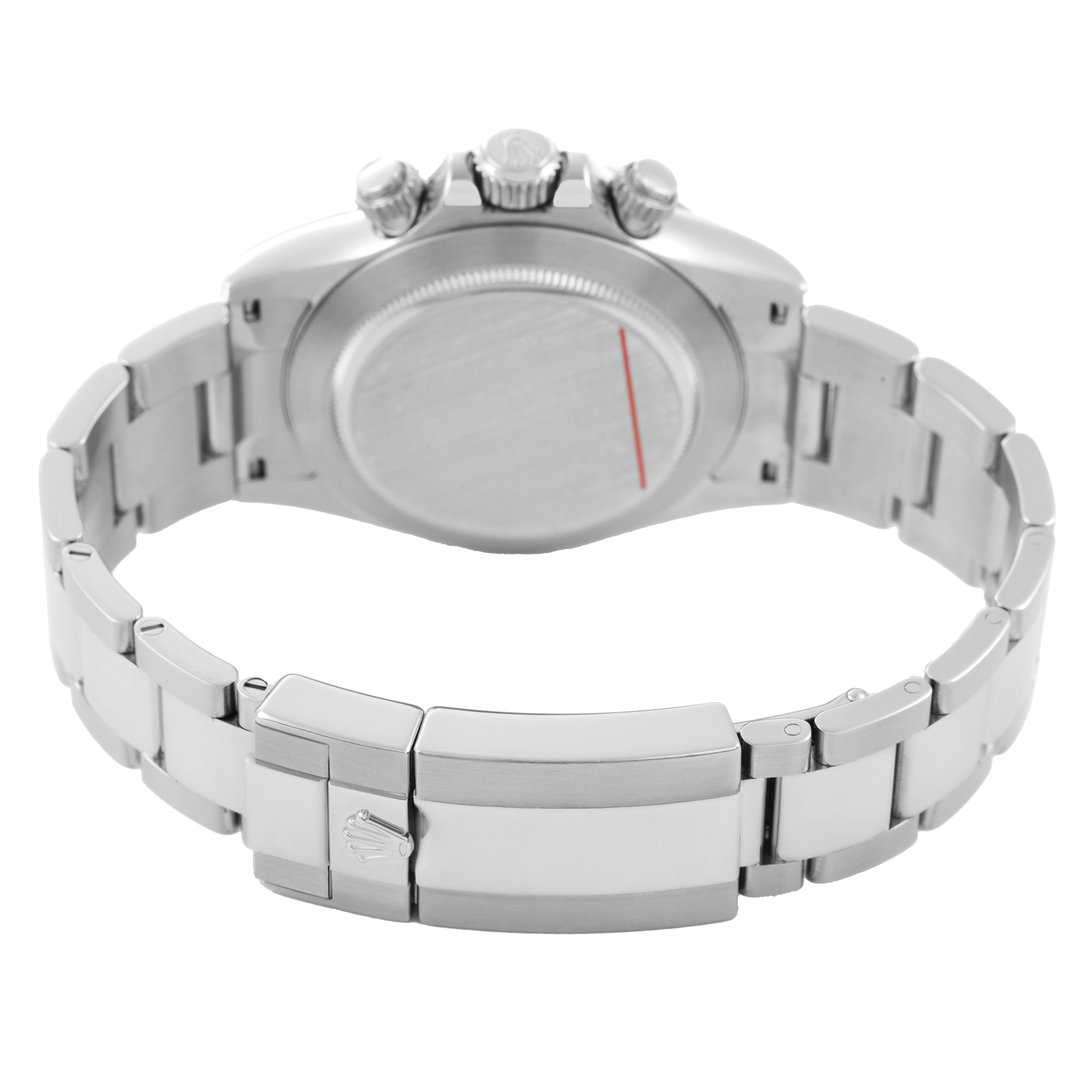 The image shows the back view of a Rolex Daytona 116520 Men's Stainless Steel Black Dial, highlighting the clasp, bracelet, case back, and pushers.