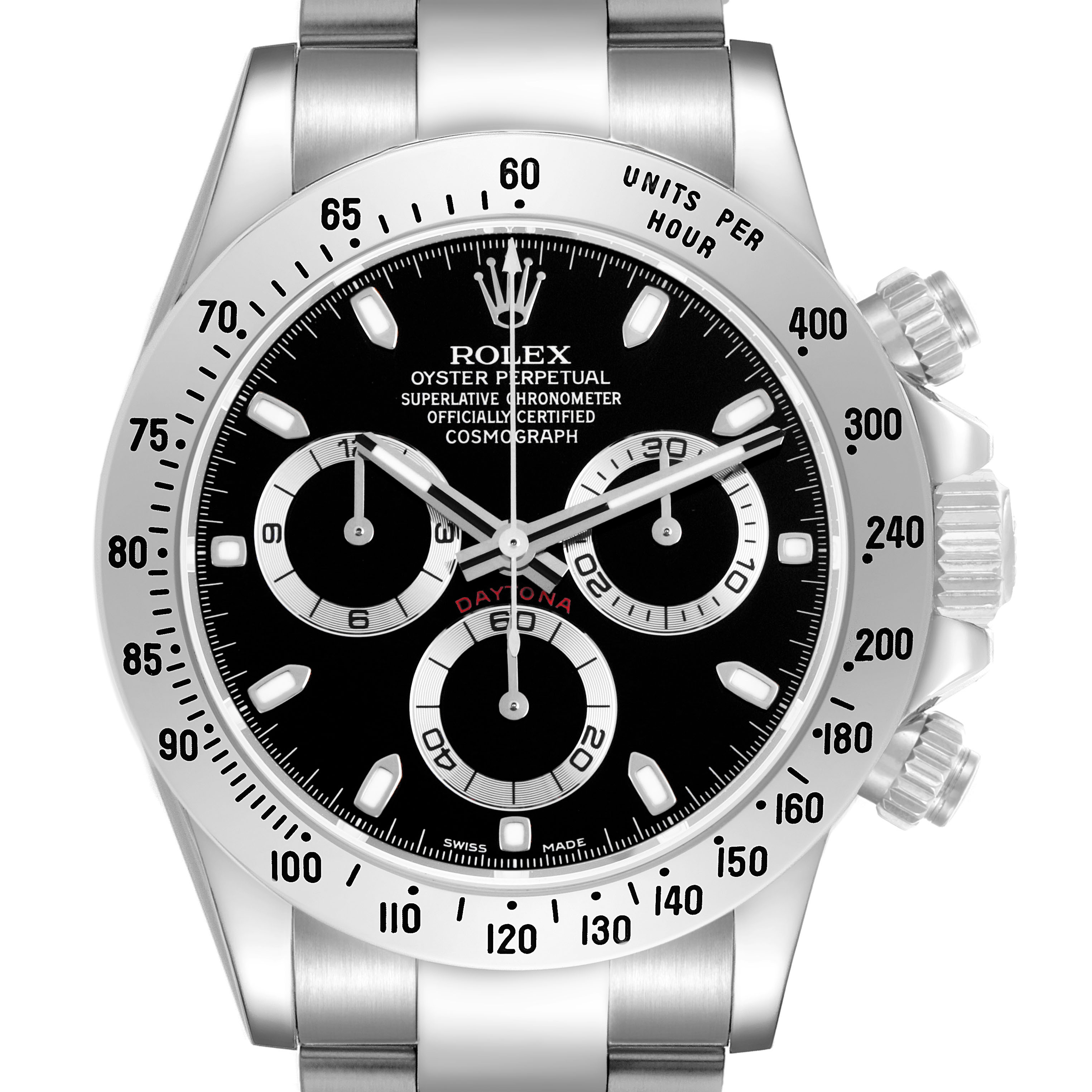 The image shows a Rolex Daytona 116520 Men's Stainless Steel Black Dial watch from the front, highlighting the dial, tachymetric bezel, and chronograph sub-dials.