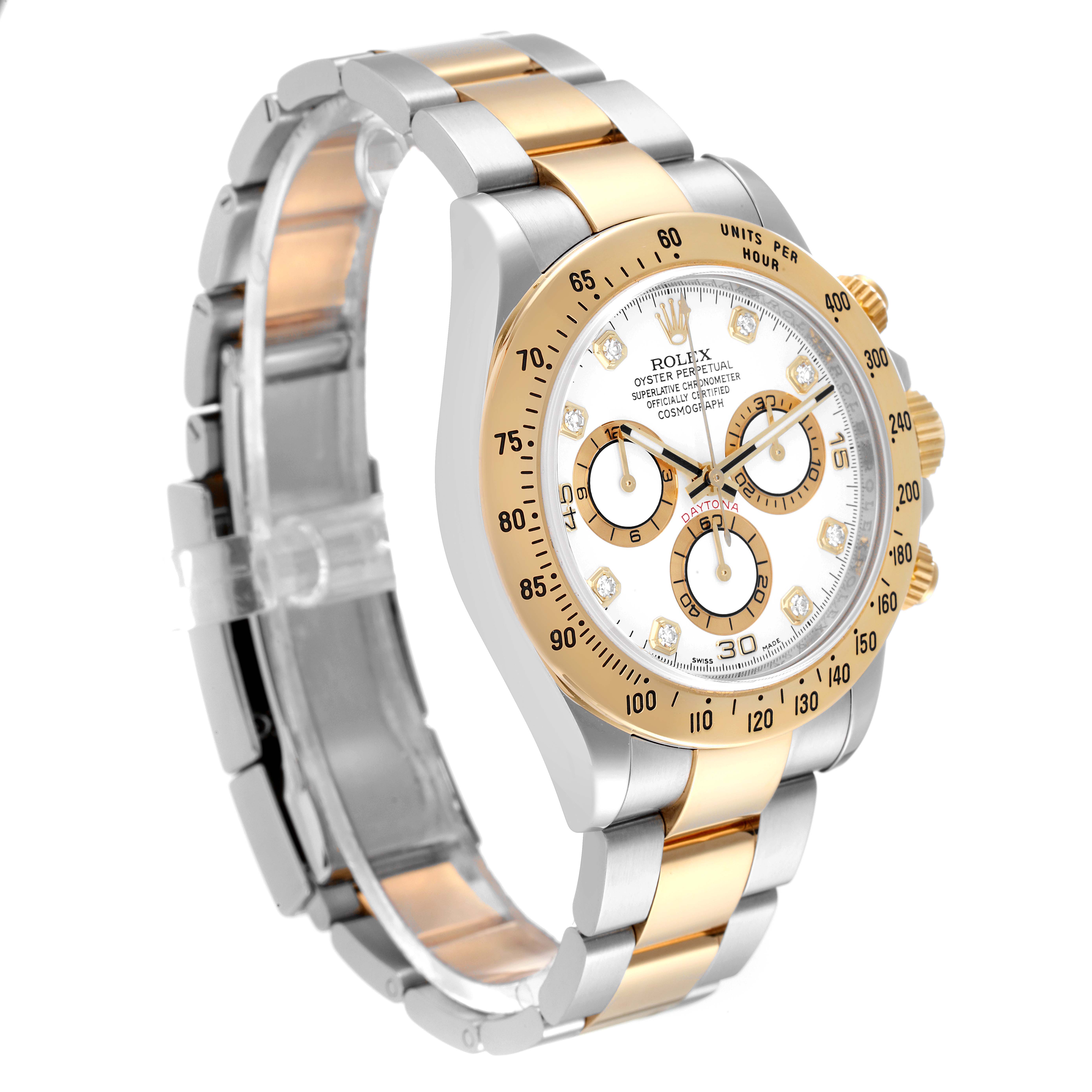 This Rolex Daytona 116523 Men
s Steel and Gold (two tone) White Dial 116523 Men
s Steel and Gold (two tone) White Dial watch is shown from a three-quarter angle, displaying its face, bezel, and bracelet.