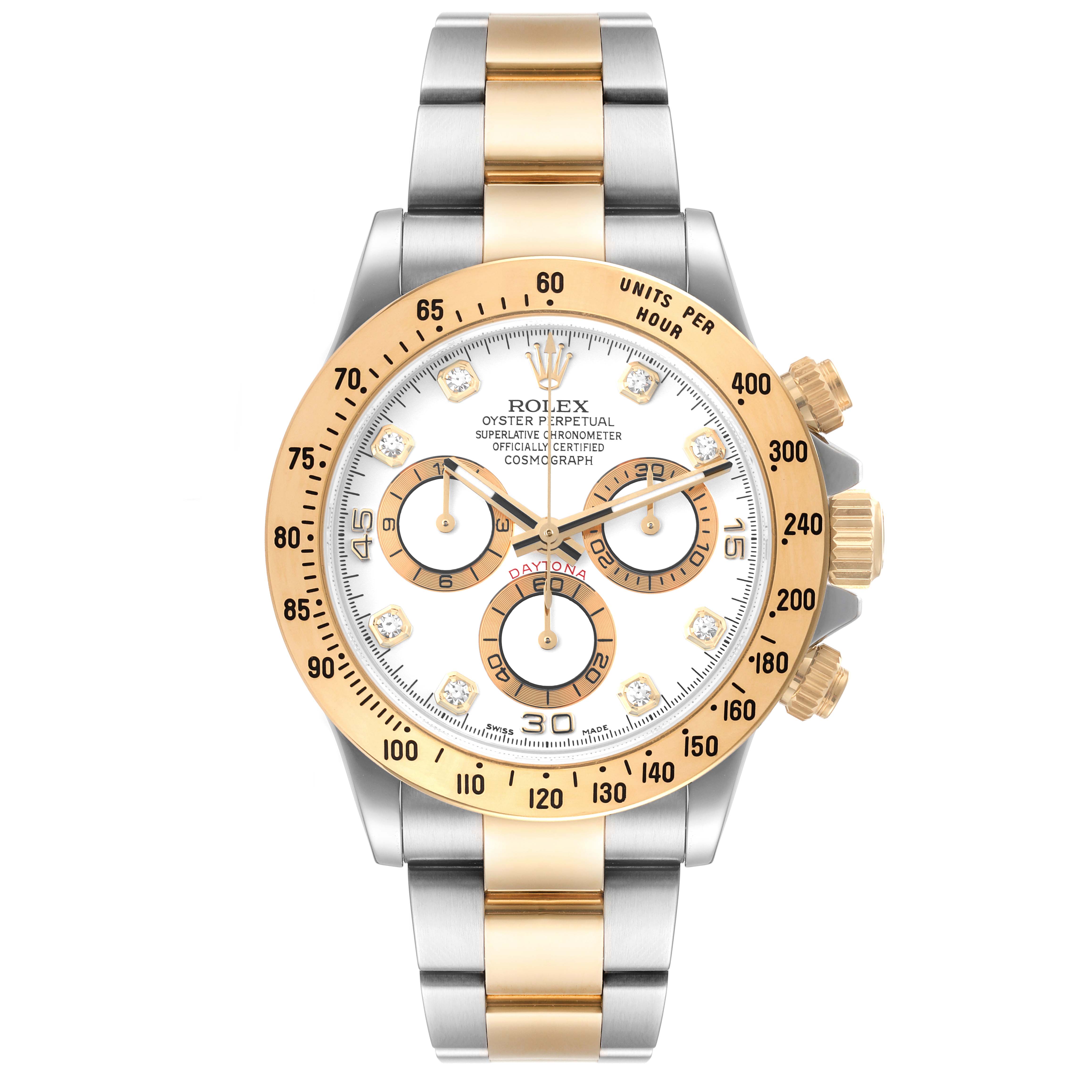 The Rolex Daytona 116523 Men
s Steel and Gold (two tone) White Dial 116523 Men
s Steel and Gold (two tone) White Dial watch is shown from the front, displaying its dial, bezel, and bracelet.