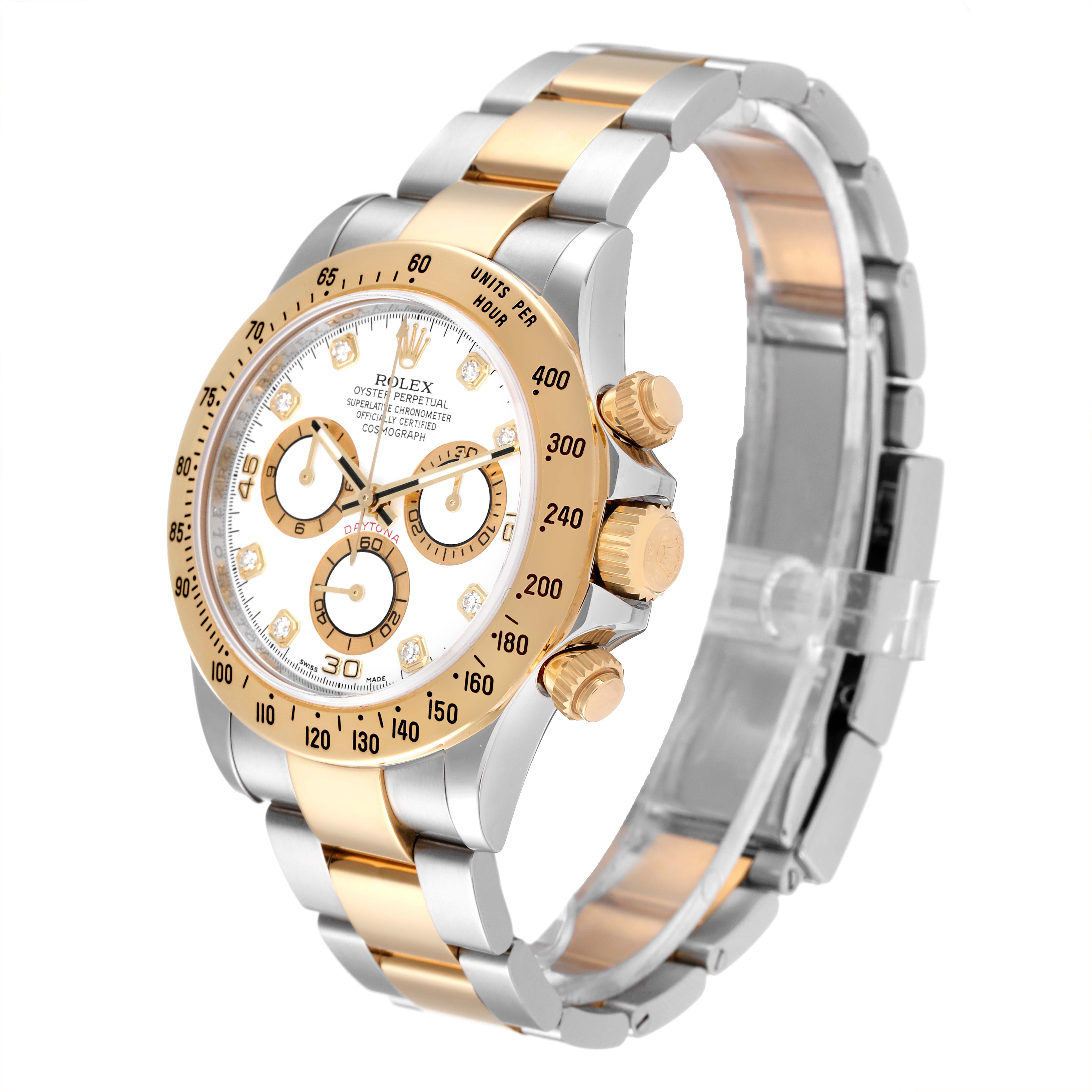 The Rolex Daytona 116523 Men
s Steel and Gold (two tone) White Dial 116523 Men
s Steel and Gold (two tone) White Dial watch is shown at a three-quarter angle highlighting its bezel, dial, crown, and bracelet.