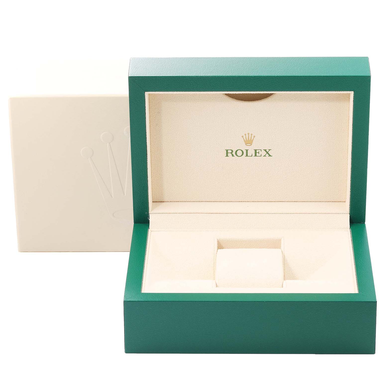 This image shows an open Rolex watch box for the Daytona model, highlighting its interior and cushion for the watch.