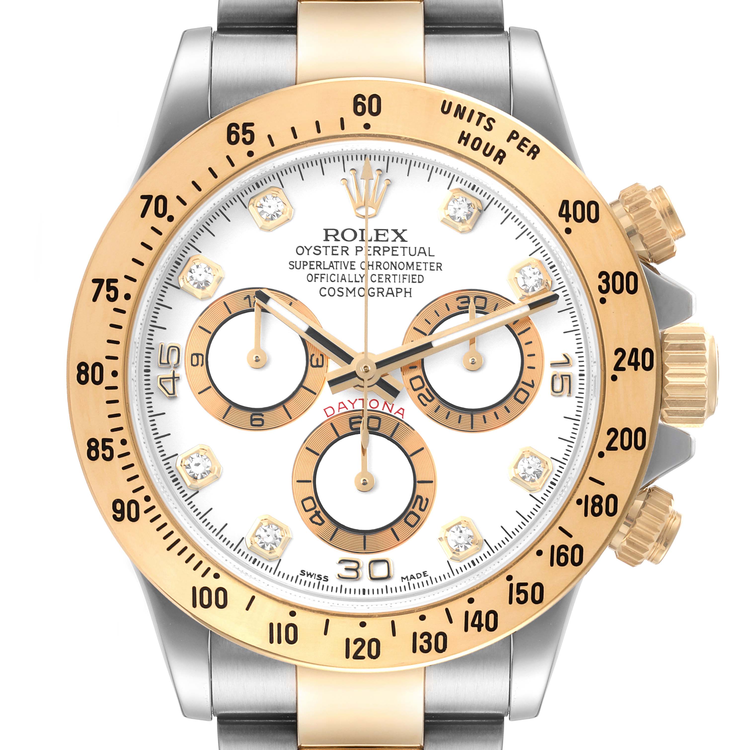 This image shows a close-up, front view of the Rolex Daytona 116523 Men
s Steel and Gold (two tone) White Dial 116523 Men
s Steel and Gold (two tone) White Dial watch, highlighting the bezel, dial, subdials, and crown.