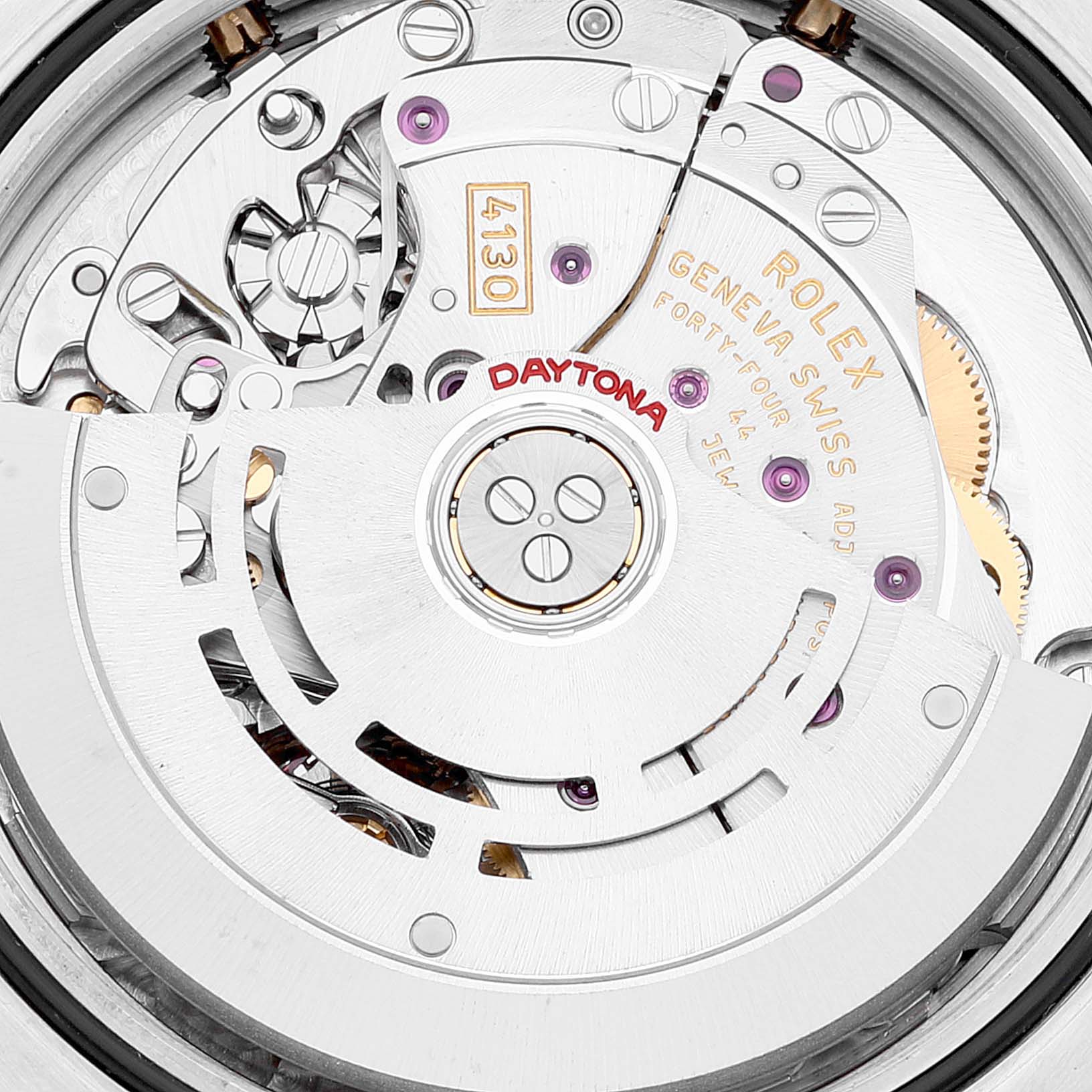 This image shows the movement mechanism of the Rolex Daytona 116523 Men
s Steel and Gold (two tone) White Dial 116523 Men
s Steel and Gold (two tone) White Dial watch, specifically the caliber 4130.