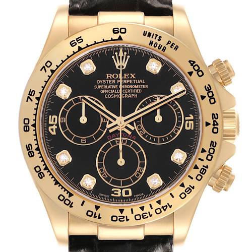 The image shows a front view of a Rolex Daytona 116518 Men's Yellow Gold Black Dial watch, highlighting the face, dials, and bezel.