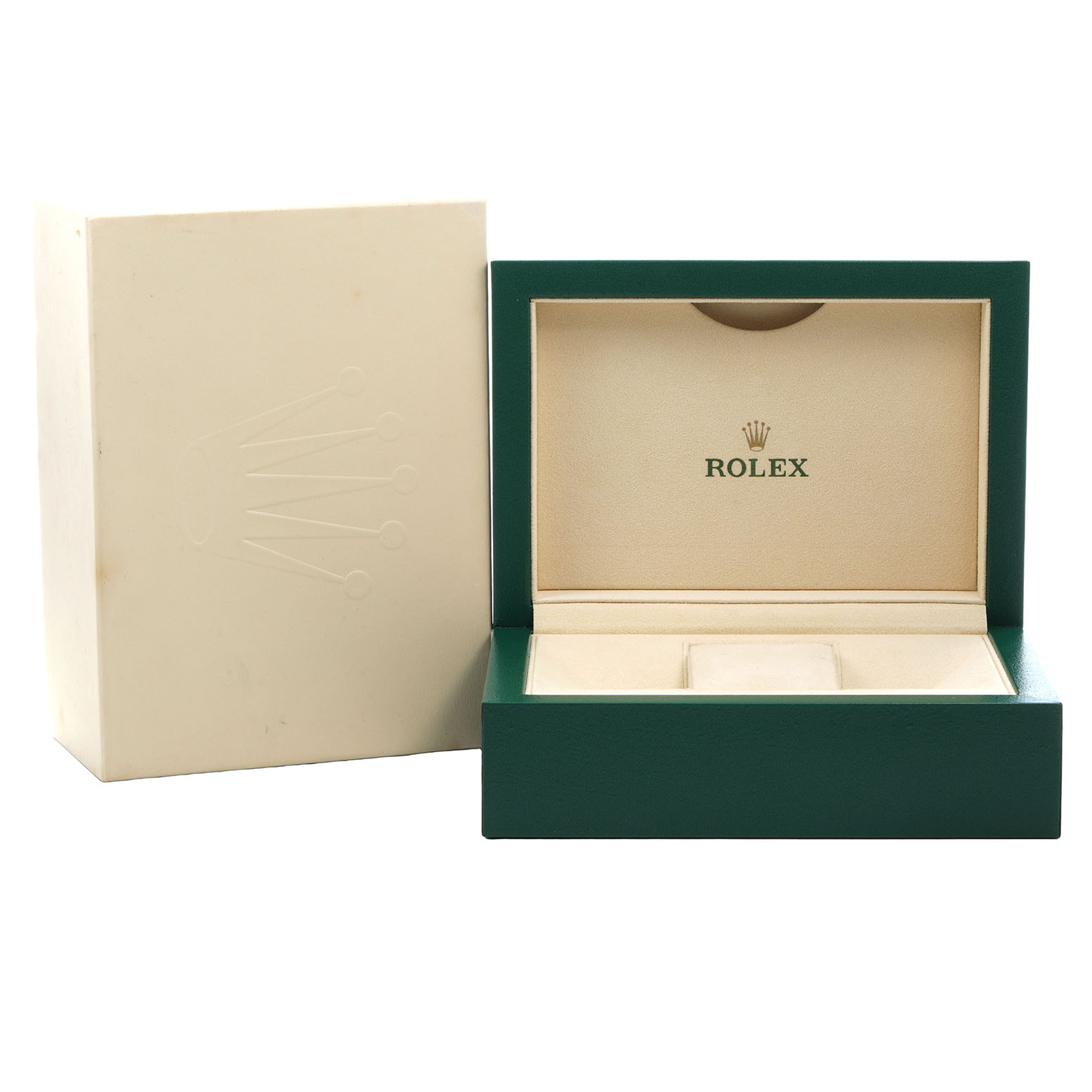 The image shows an open Rolex Daytona 116528 Men's Yellow Gold Mother of Pearl Dial watch box with an outer beige box.