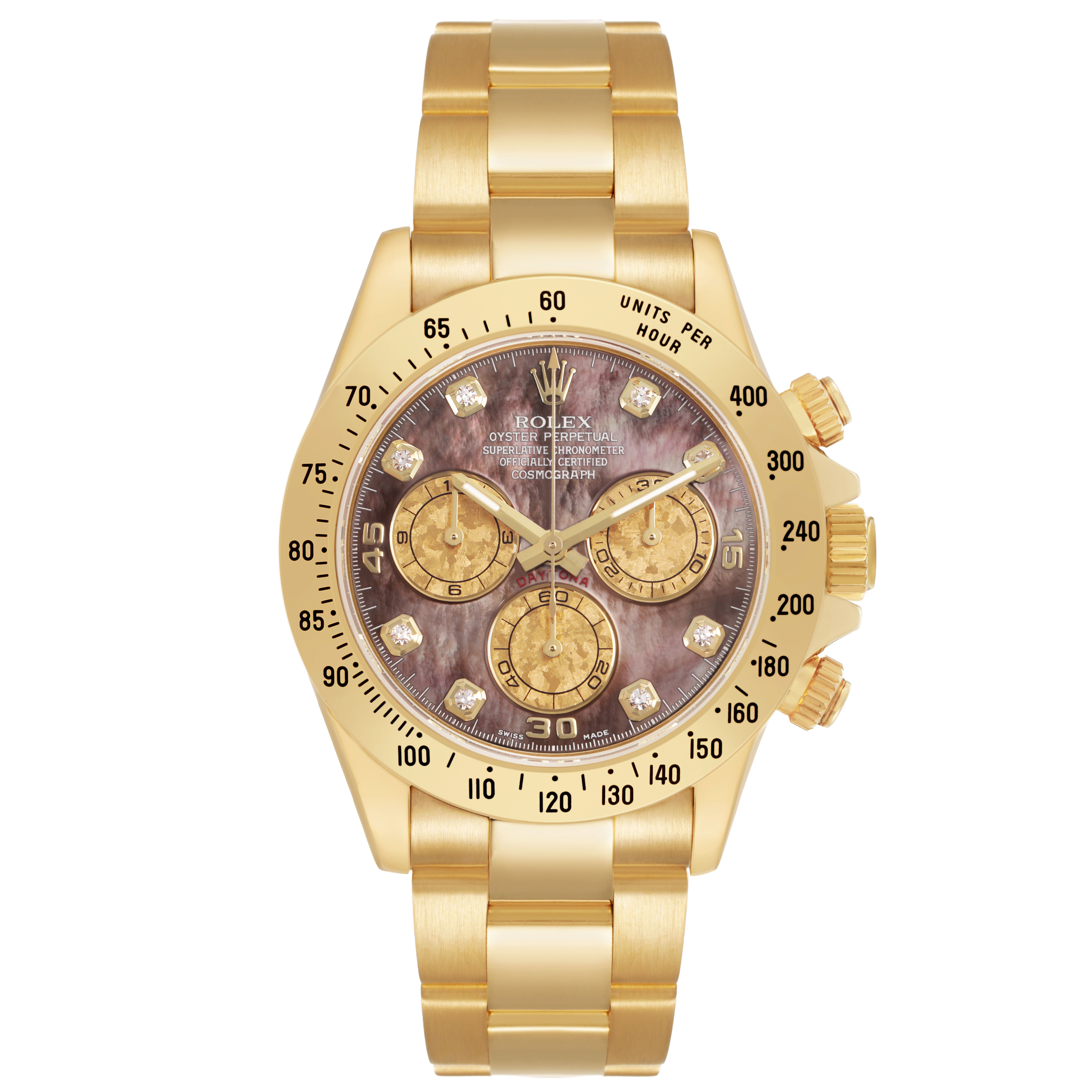 The Rolex Daytona 116528 Men's Yellow Gold Mother of Pearl Dial watch is shown from a front view, displaying its gold bracelet, bezel, and intricate dial with subdials.