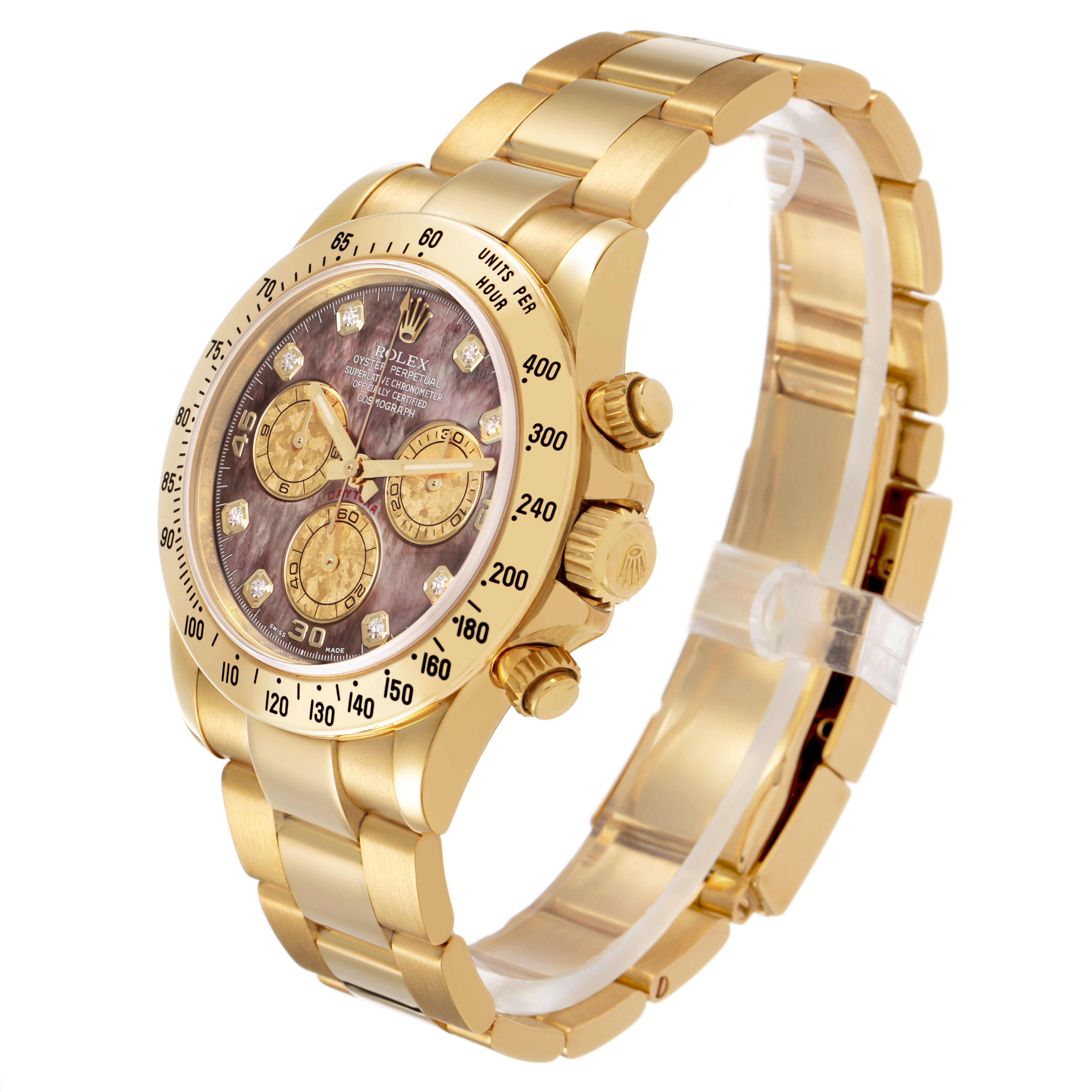 The Rolex Daytona 116528 Men's Yellow Gold Mother of Pearl Dial watch is shown at a three-quarter angle, displaying the gold case, bezel, dial, and bracelet.
