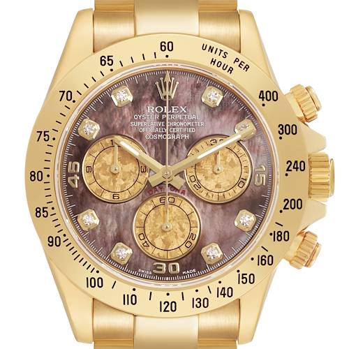 The Rolex Daytona 116528 Men's Yellow Gold Mother of Pearl Dial watch is shown from a front angle highlighting the dial, bezel, pushers, and part of the bracelet.