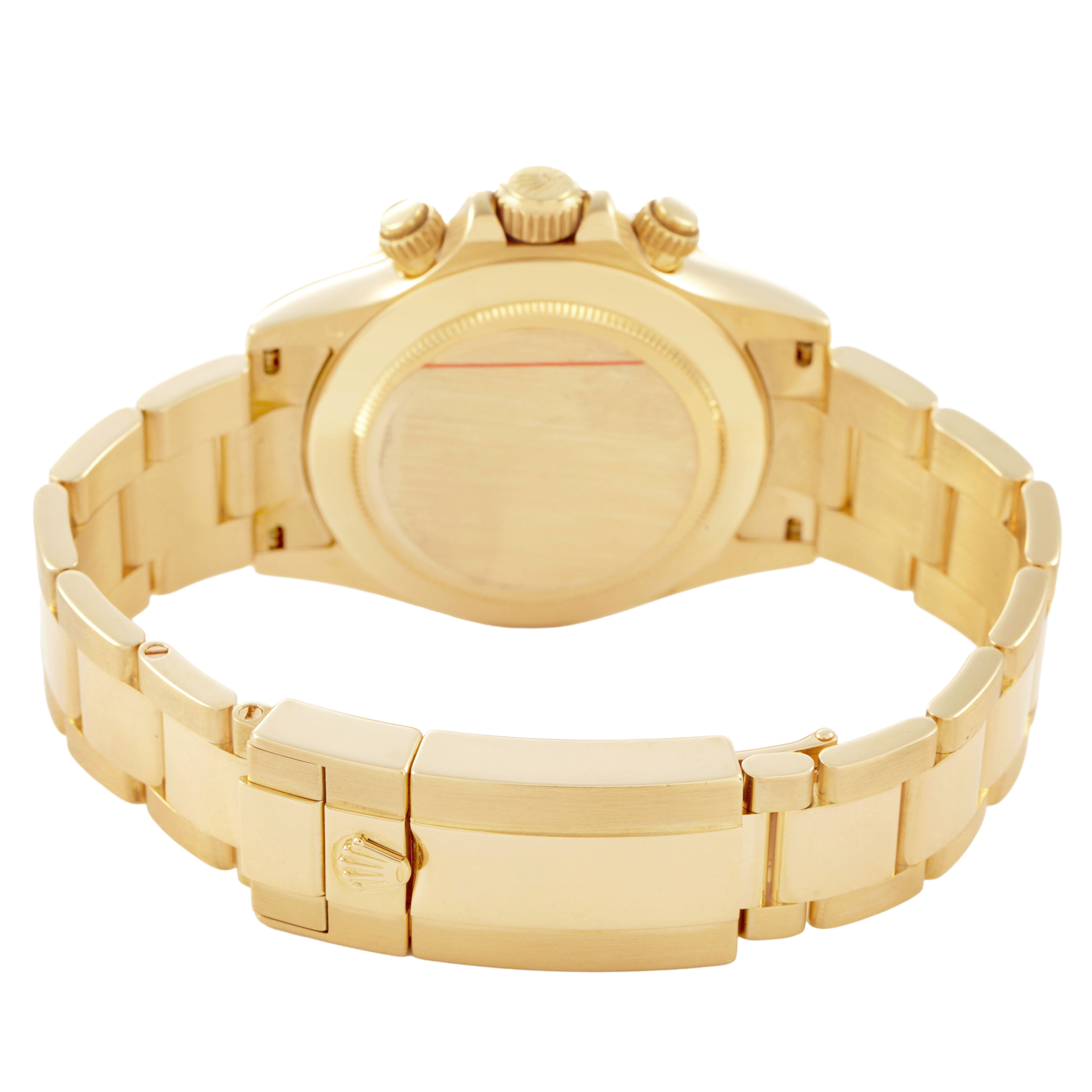 The image shows the back view of a Rolex Daytona 116528 Men's Yellow Gold Mother of Pearl Dial, highlighting the case back, bracelet, and clasp.