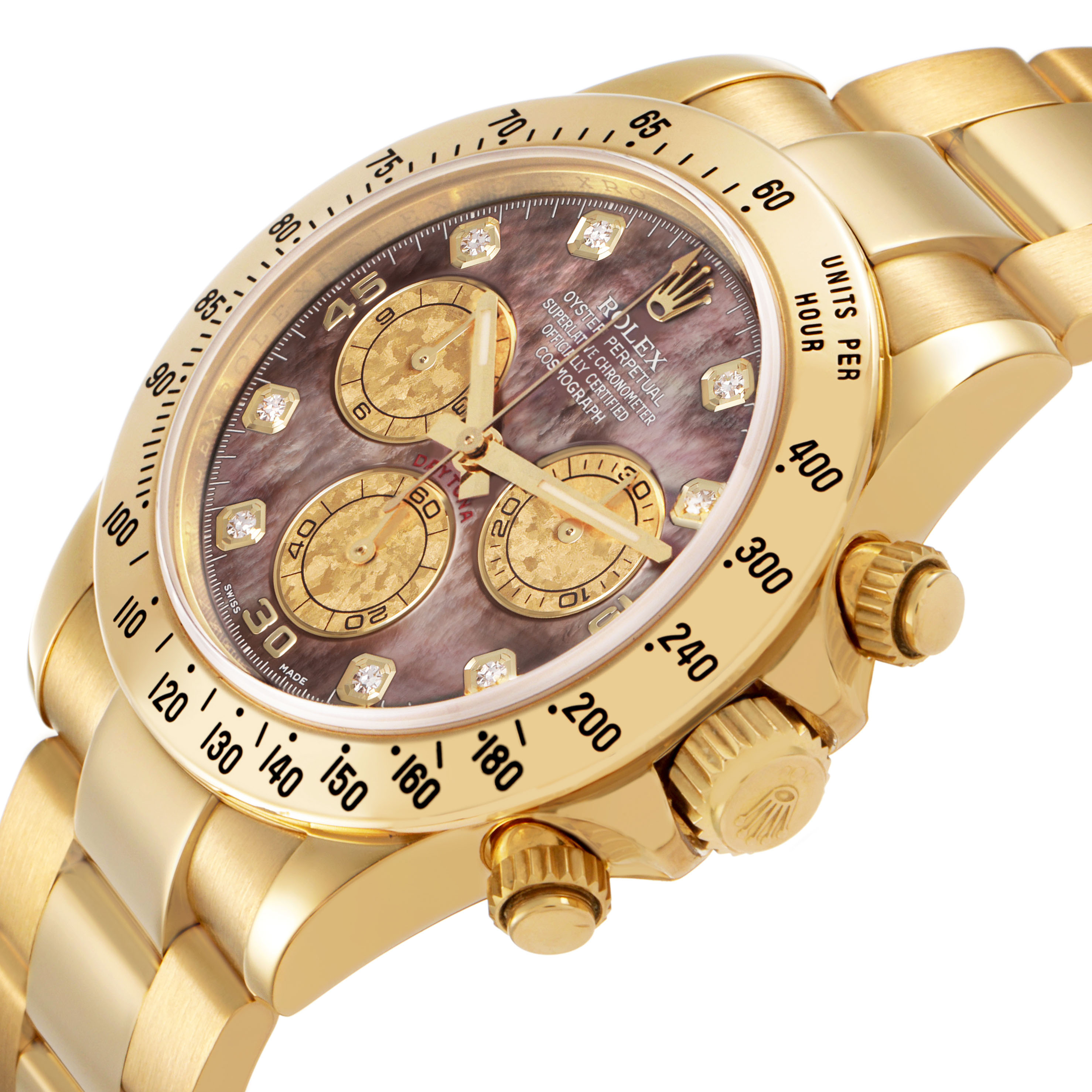 The Rolex Daytona 116528 Men's Yellow Gold Mother of Pearl Dial watch is shown at an angled view, revealing the face, bezel, crown, and part of the bracelet.
