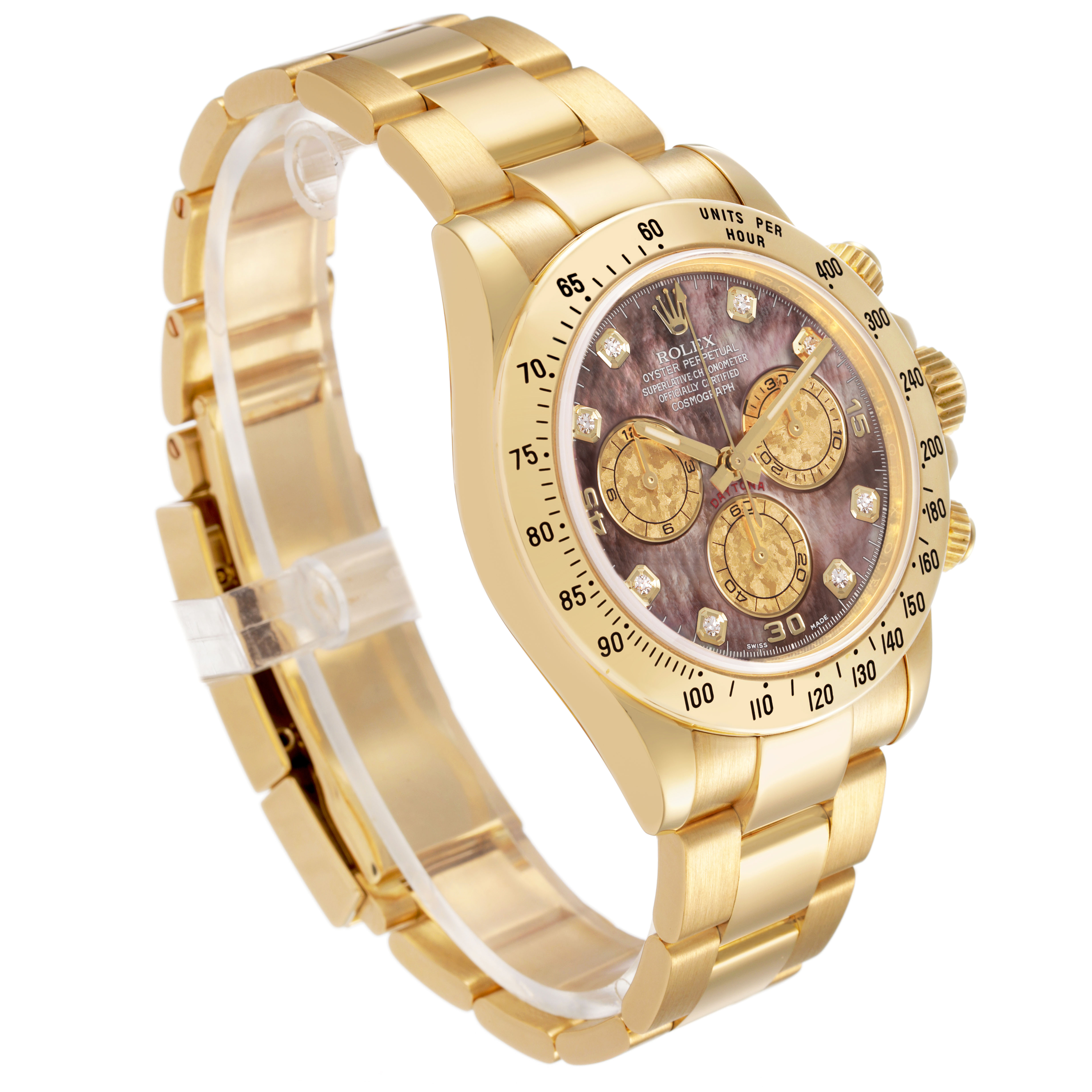The Rolex Daytona 116528 Men's Yellow Gold Mother of Pearl Dial watch is shown at a three-quarter angle, displaying the bracelet, bezel, and dial with subdials clearly.